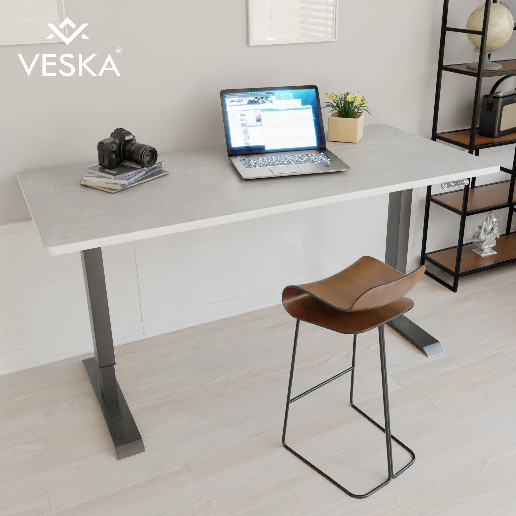Stein-Grau Sitz- VESKA Office Bürotisch 140 & Schreibtisch Stehpult Anthrazit - Touchscreen x Höhenverstellbar mit Home - Elektrisch | 70 cm