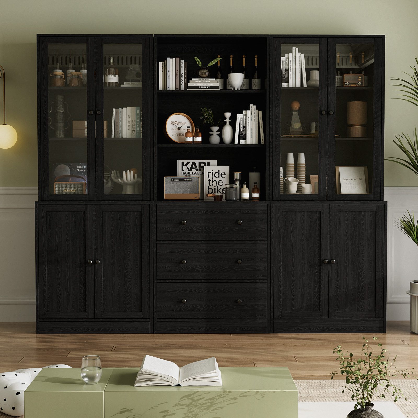 VOWNER Bücherregal 5-stöckiges Bücherregal mit Glastüren, 180 cm Vitrinenschrank, 3-tlg., multifunktionaler Küchenschrank Hochschrank & Buffetschrank