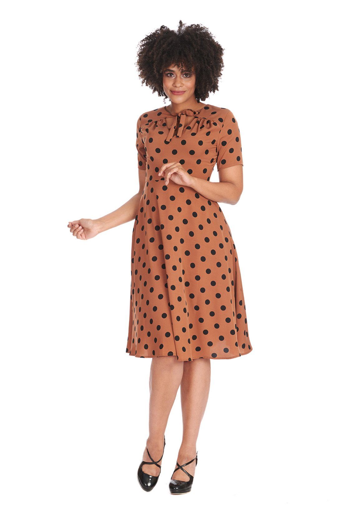 Banned A-Linien-Kleid Retro Swingkleid Set Sail Braun Vintage Polka Dot Dress 50s Pünktchen Kleid