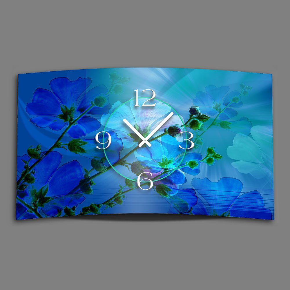 dixtime Wanduhr blaue Blumen Designer Wanduhr modernes Wanduhren Design leise kein (Einzigartige 3D-Optik aus 4mm Alu-Dibond)