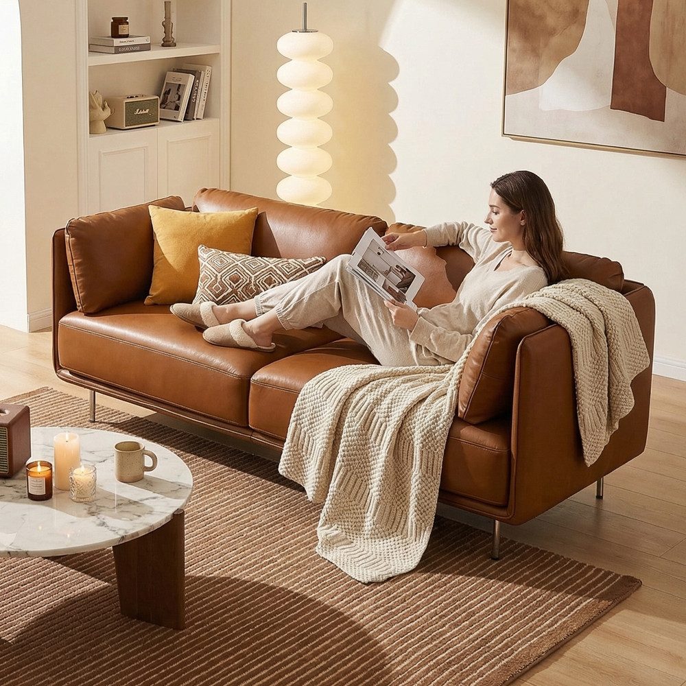 Woltu Sofa, aus Leder, im Bauhaus-Stil, Couch mit 18 cm hohen Füßen