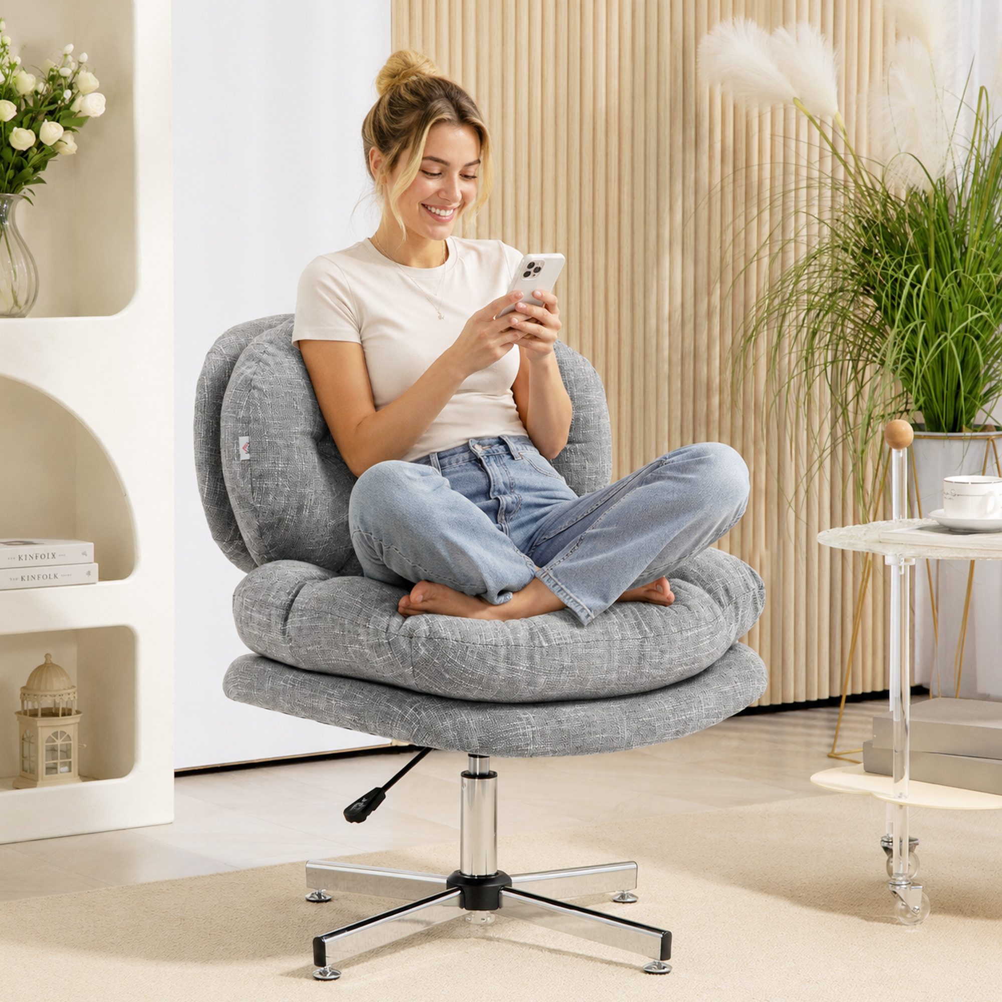 HOMCOM Bürostuhl Schreibtischstuhl breite Sitzfläche, Schneidersitz-Stuhl ergonomisch (Drehstuhl, 1 St), mit Leinenoptik, für Home-Office, Grau