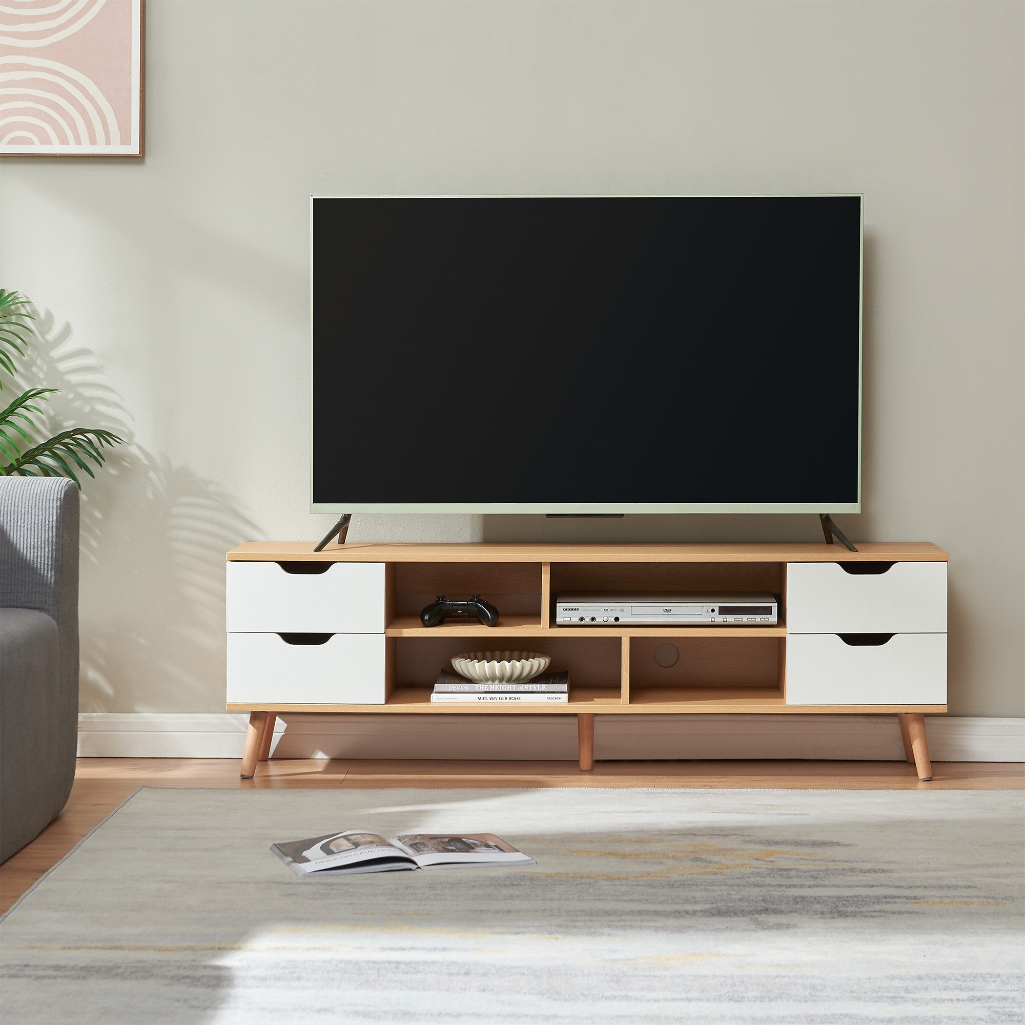 en.casa TV-Schrank »Bordkak« mit 4 Schubladen 140x30x45 cm Eicheoptik/Weiß