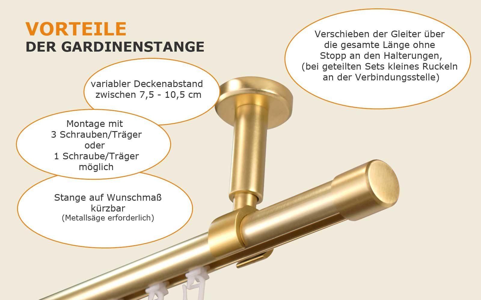 iso-design Gardinenstange Innenlauf zur Deckenmontage 20 mm Durchmesser variabler Deckenabstand, Ø 20 mm, Deckenmontage, geschraubt, Aluminium, Komplett Set 1-läufig, Deckenmontage