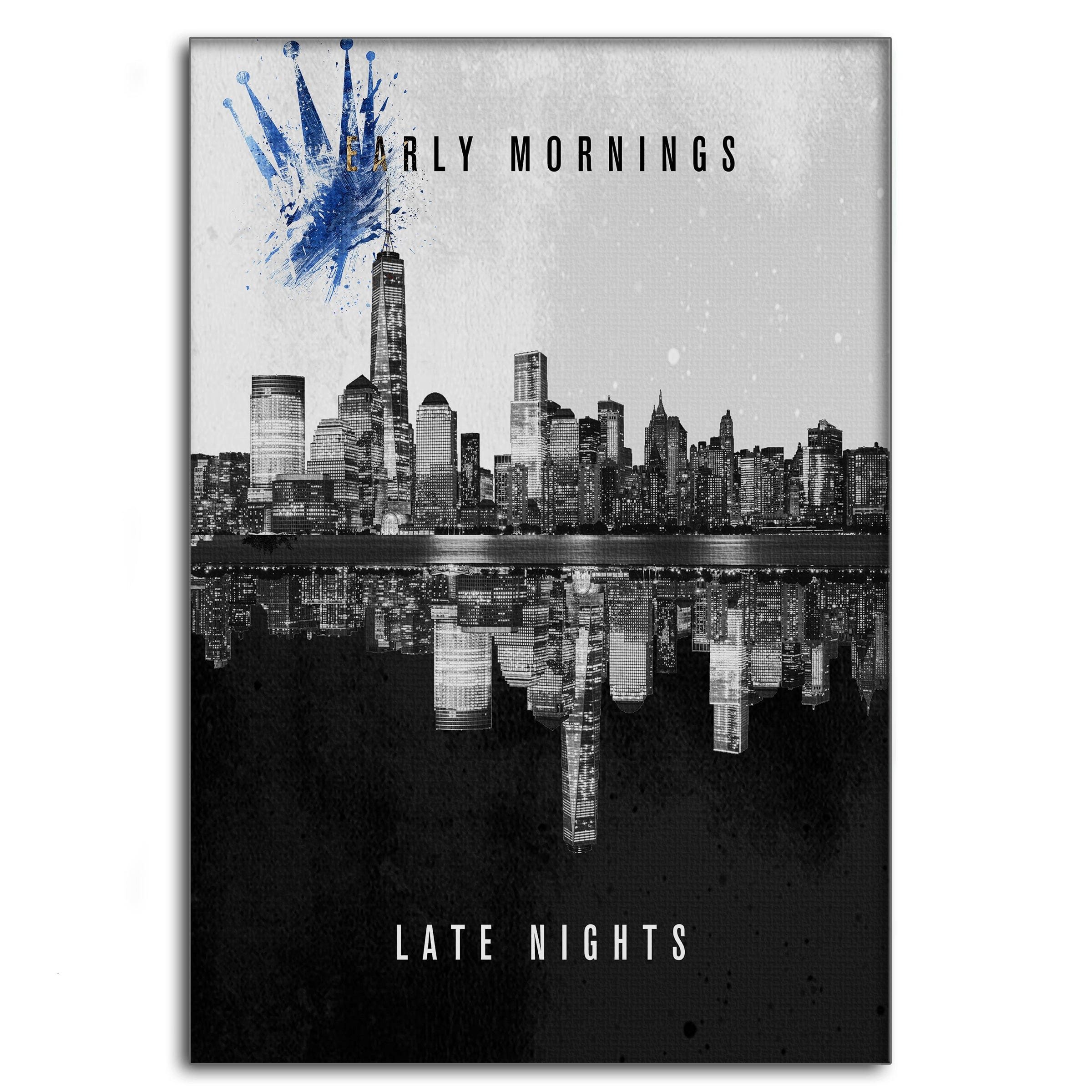 SimpleCanvas Wandbild Early Mornings Late Nights - Leinwandbild Motivation, Wandbild Skyline, Tag und Nacht, Rolex