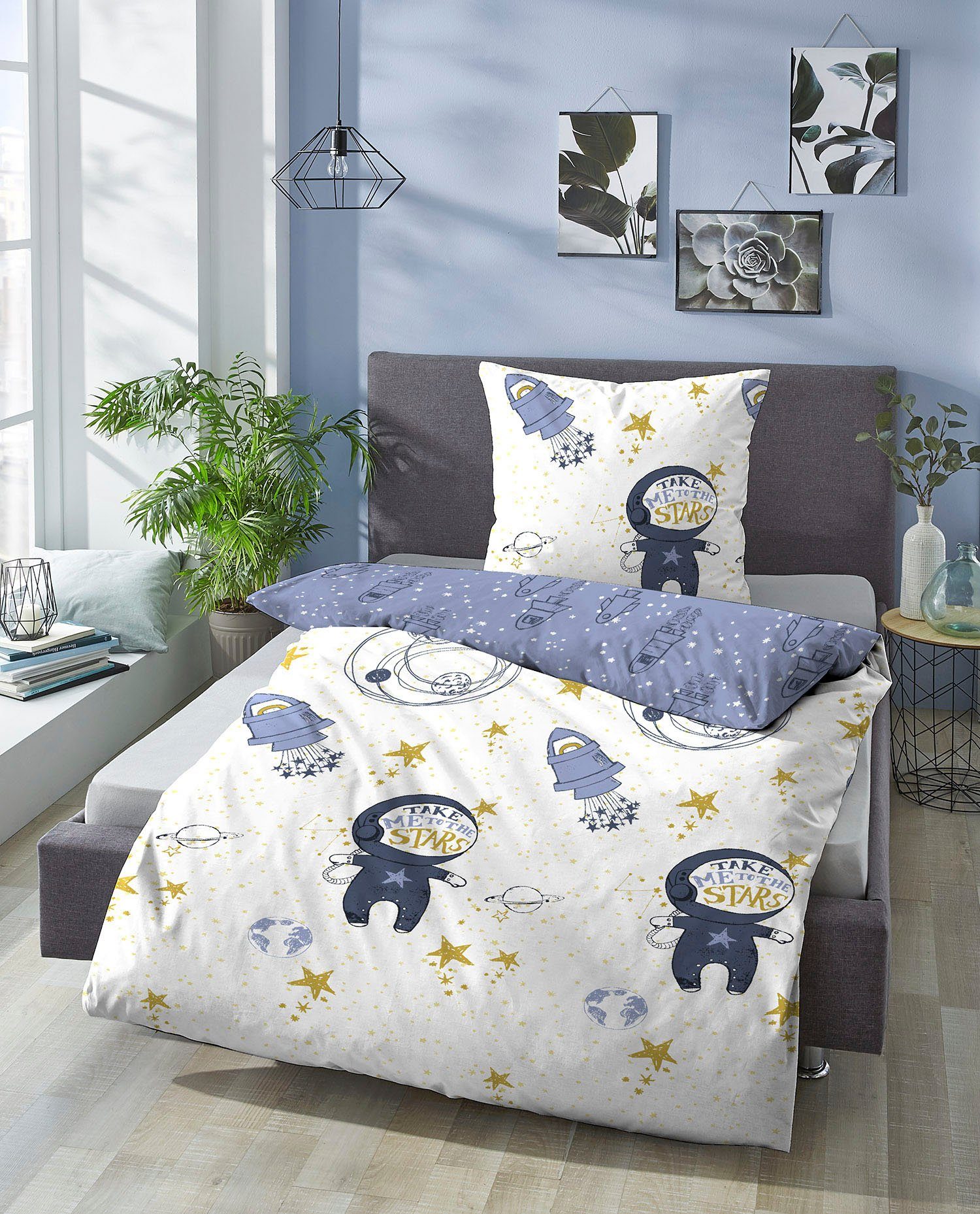 Biberna Kinderbettwäsche Julien in Gr. 100x135 oder 135x200 cm, für Kinder, Astronaut & Rakete, Feinbiber, 2 teilig, Feinbiber kuschelig warm im Winter, Kinderb – Bild 3 von 5