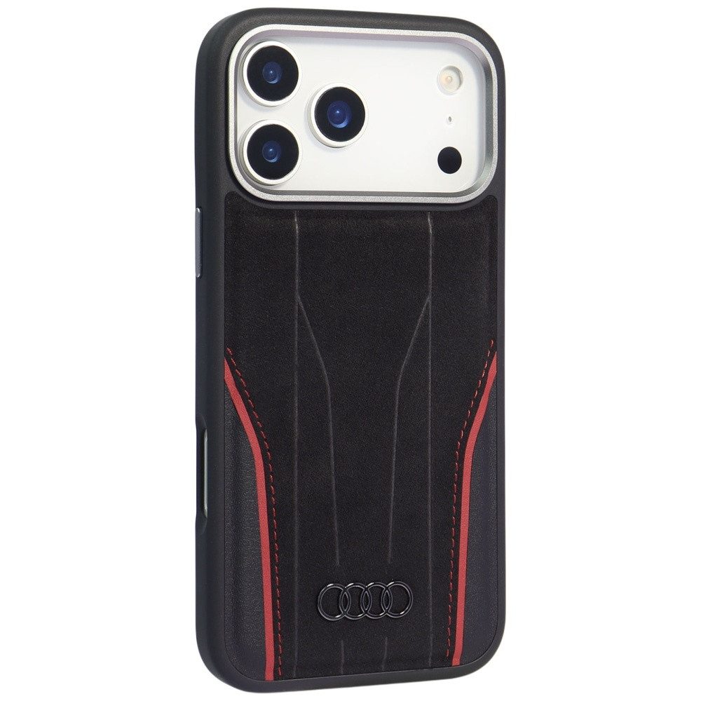 Audi Handyhülle iPhone 17 Pro Max Echtleder R8 MagSafe schwarz rot Logo Metall 6,9 Zoll, Kantenschutz