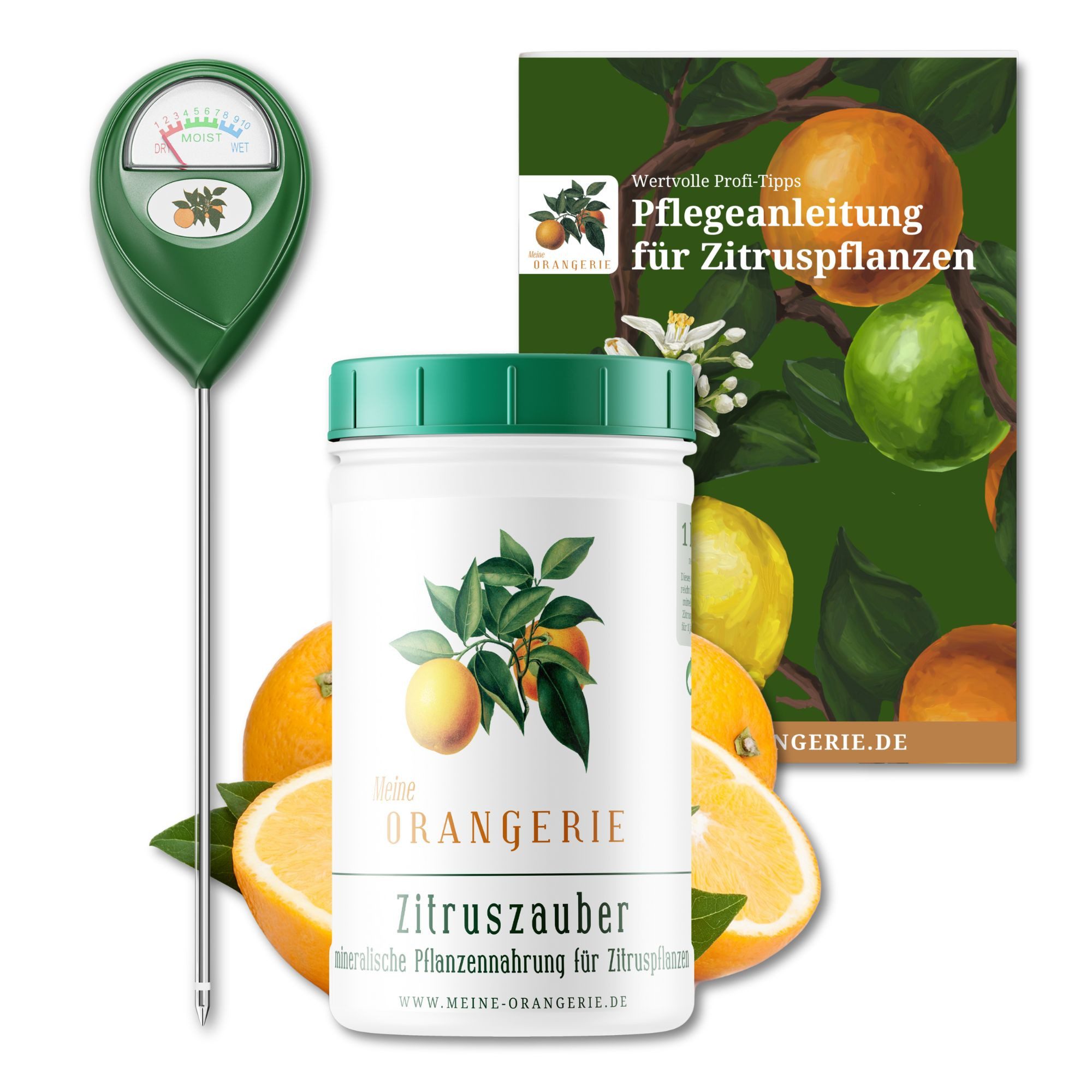 Meine Orangerie Gartenpflege-Set Citrus Pflegepaket Piccolo - kleines Pflegeset für Zitruspflanzen, inkl. Zitrusdünger, Feuchtigkeitsmesser & hilfreicher Pflegebroschüre
