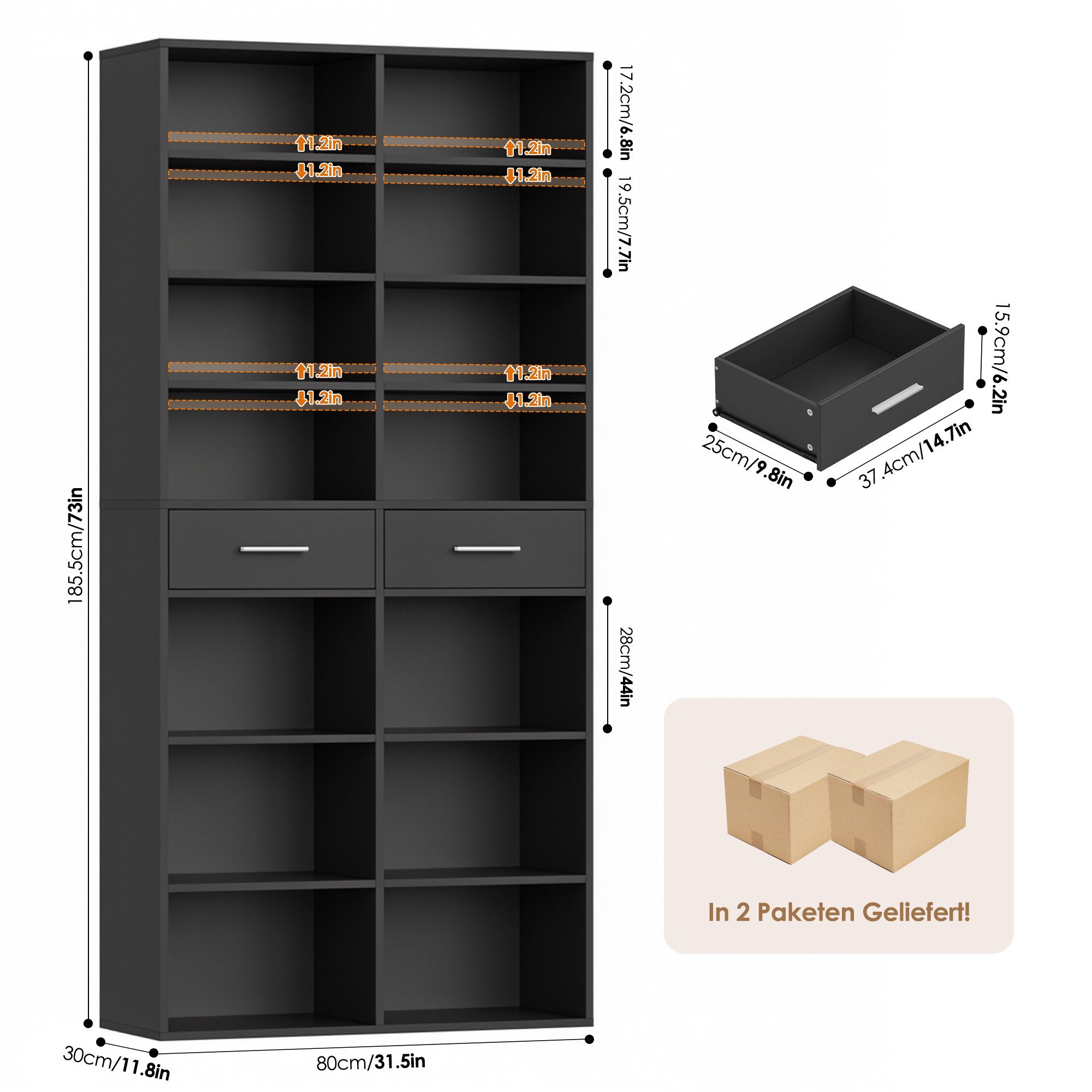 HOMECHO Bücherregal, 185,5 cm hoch Standregal mit 8 Ebenen und 2 Schubladen