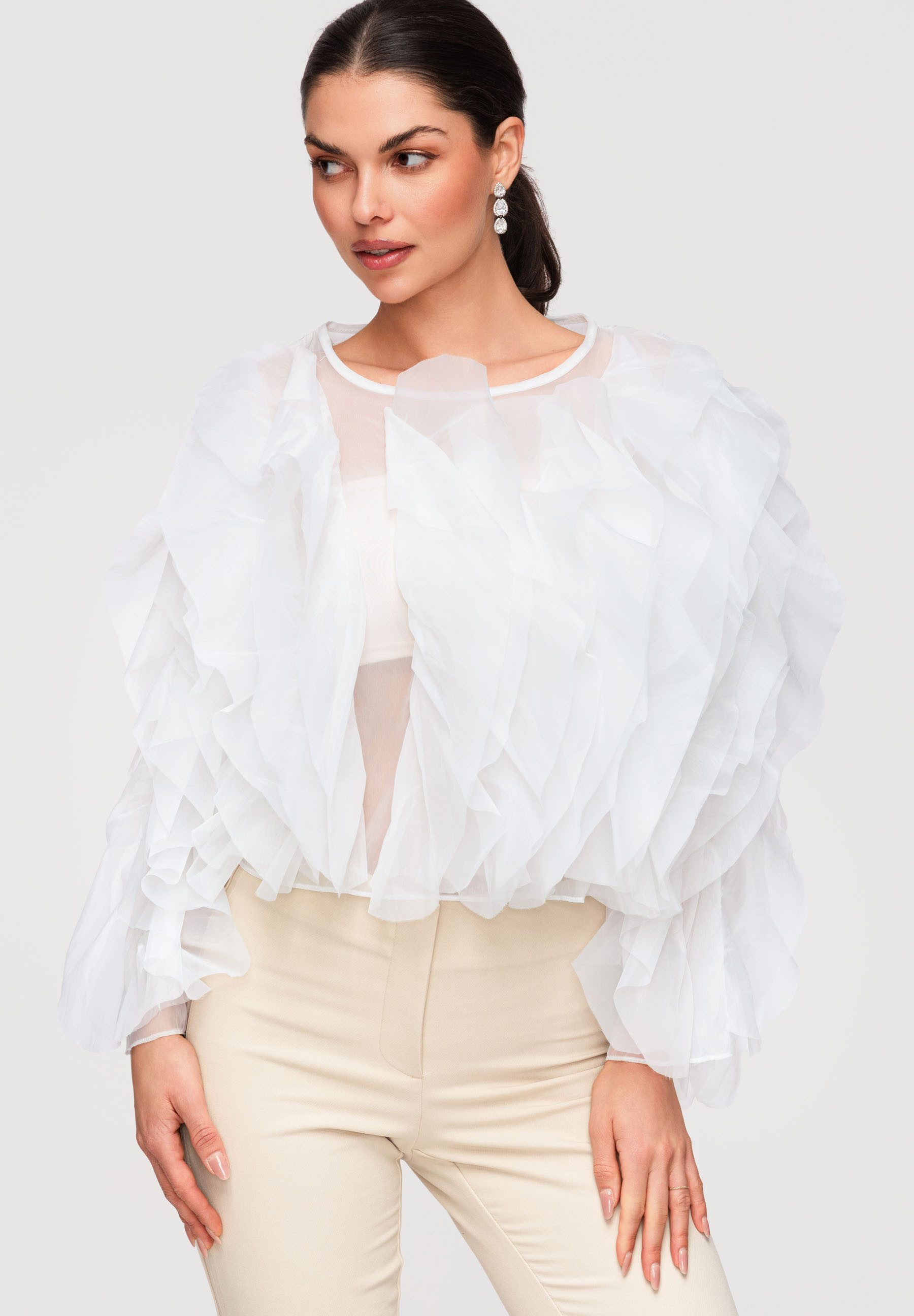 OMBRE Langarmbluse Damen Chiffon Bluse mit Volantärmeln Elegant Weiß M/L (kein Set, 1-tlg) Mehrlagige Rüschen
