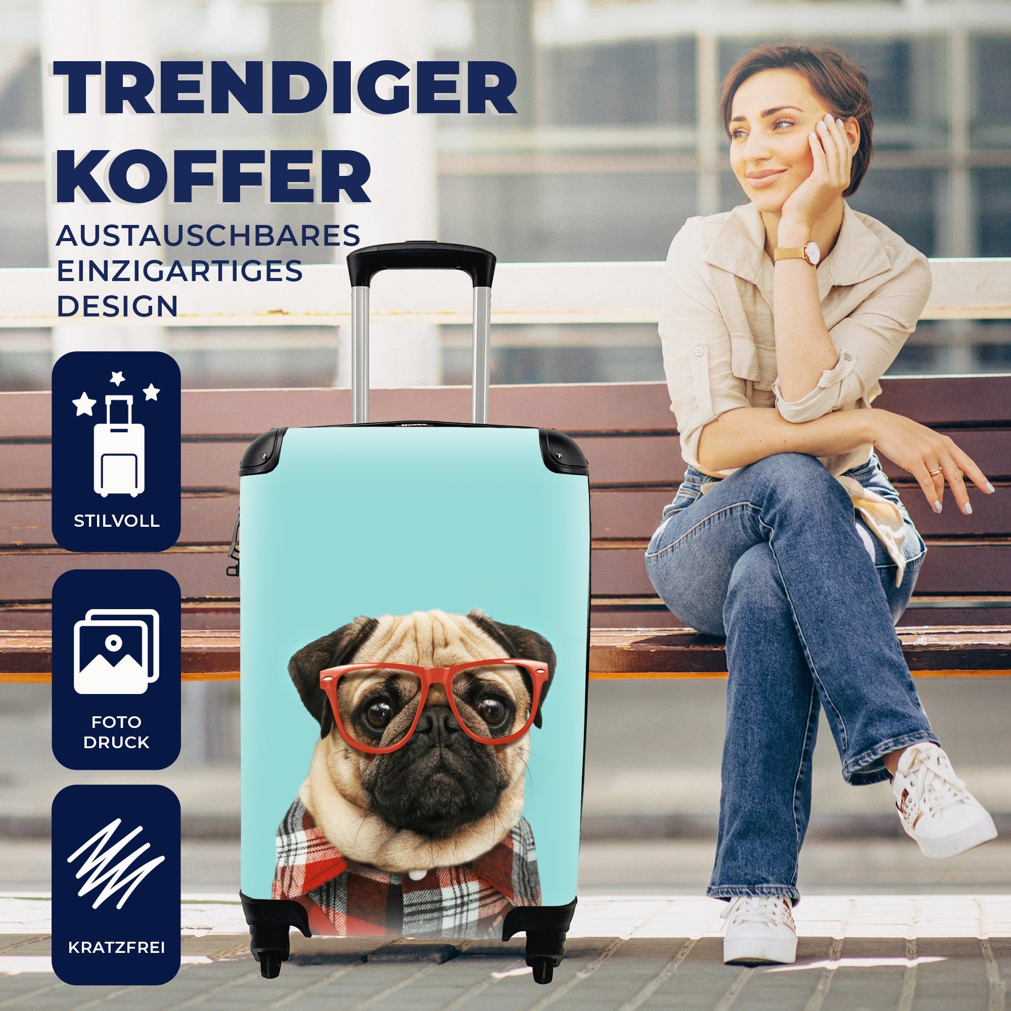 MuchoWow Handgepäckkoffer Hund - Hipster - Rollen, rollen, mit Bluse, - 4 Trolley, Handgepäck für Brille Reisetasche Ferien, Reisekoffer