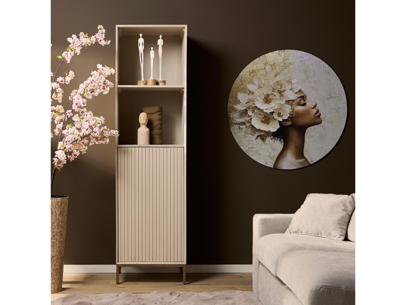 Villa Möbel Regal, Packung 1-tlg., Mangoholz Sand mit Lamellentür und Rahmen in Bronze-Optik