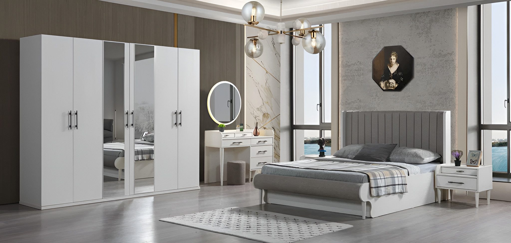 JVmoebel Schlafzimmer-Set Komplettschlafzimmer in modernem Design mit Bett und Schrank, (6-tlg., Bett, 2x Nachttische, Schminktisch, Spiegel, Kleiderschrank), Made in Europe