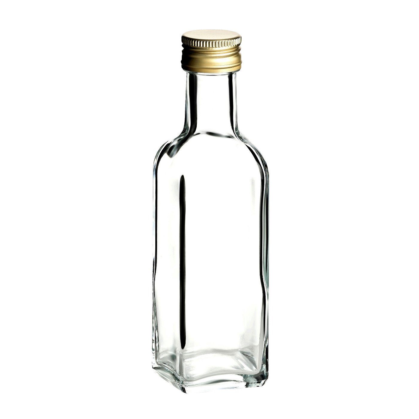 gouveo Trinkflasche Glasflaschen 100 ml Maraska mit Schraub-Deckel - Kleine Flasche 0,1l, 12er Set, transparent-goldfarben