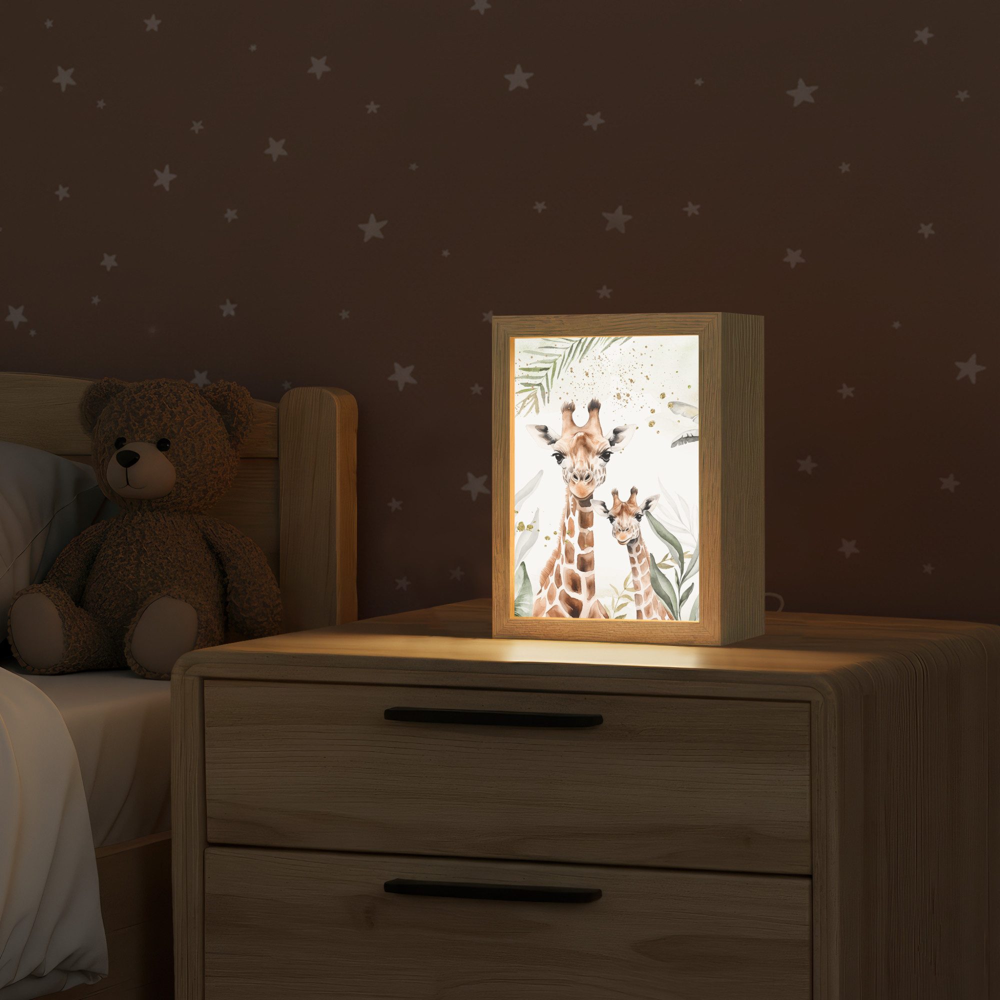 OnlyWow Nachttischlampe Lightbox Giraffe - Blätter - Kinder - Tiere - Dschungel - Jungen, Dimmbar, Farbwechsel, LED, Warmweiß, Kaltweiß, Neutralweiß Einstellbar, Kinderzimmer, Babyzimmer, Dimmbar, mit Kabel, Nachtlampe, LED