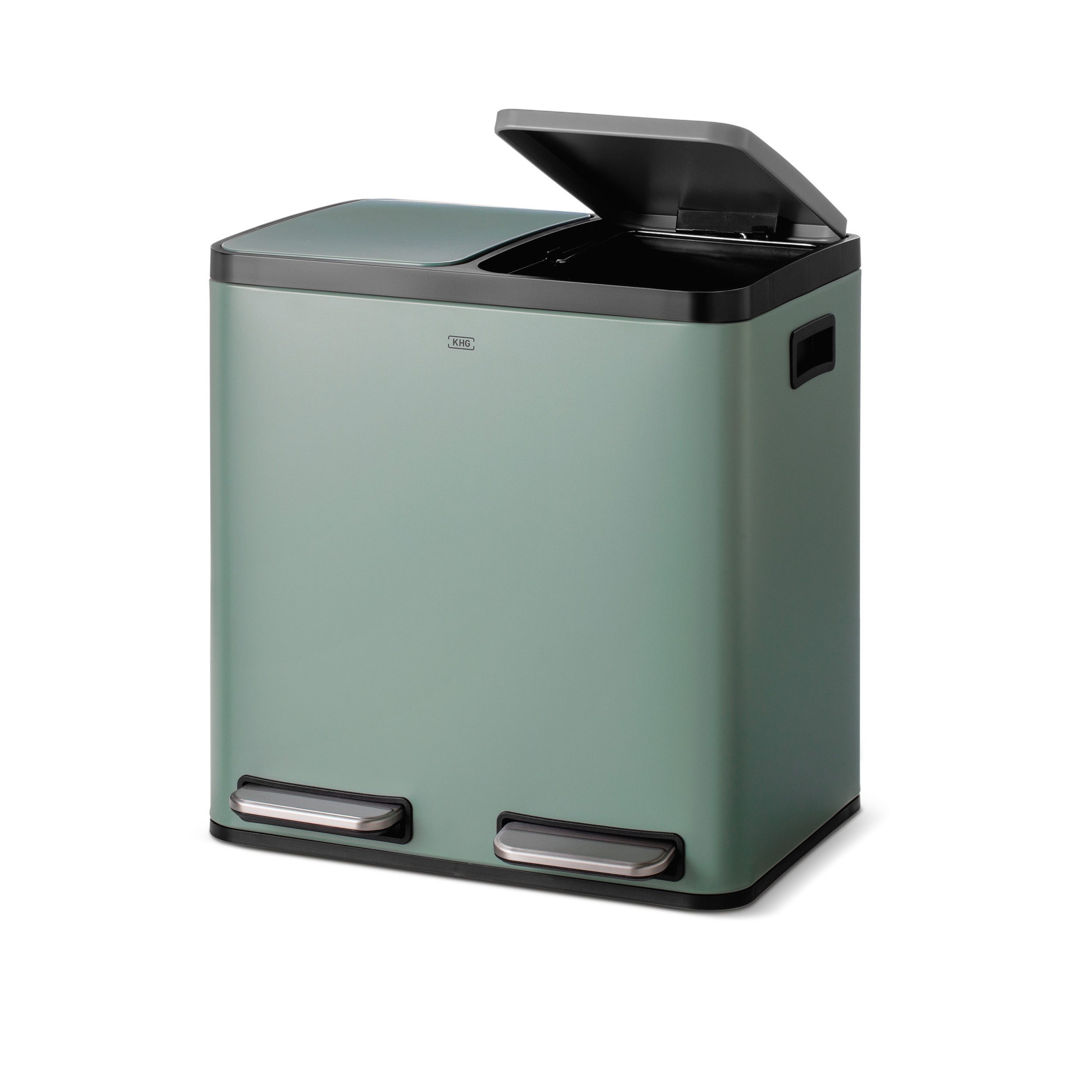 KHG Mülltrennsystem Mülleimer Grün pulverbeschichtet 30 Liter (2x15 L) Trittmechanismus, Metallgehäuse mit Griffmulden, herausnehmbare Kunststoff-Inneneimer