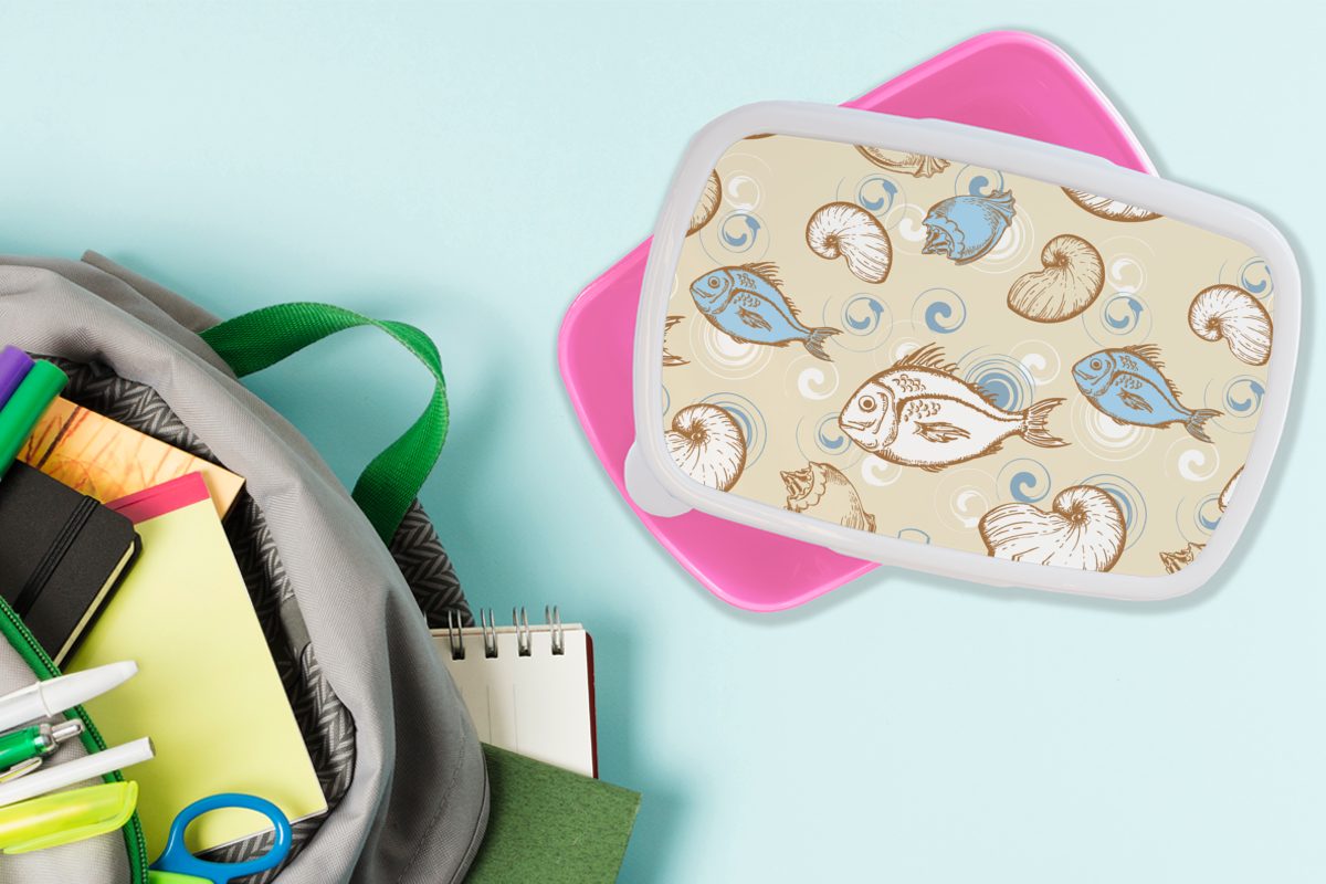 für Vintage, Snackbox, Fisch Brotdose MuchoWow - - Kunststoff, Design (2-tlg), Brotbox - Lunchbox Pastell Kunststoff Kinder, Mädchen, Erwachsene, - Muscheln rosa