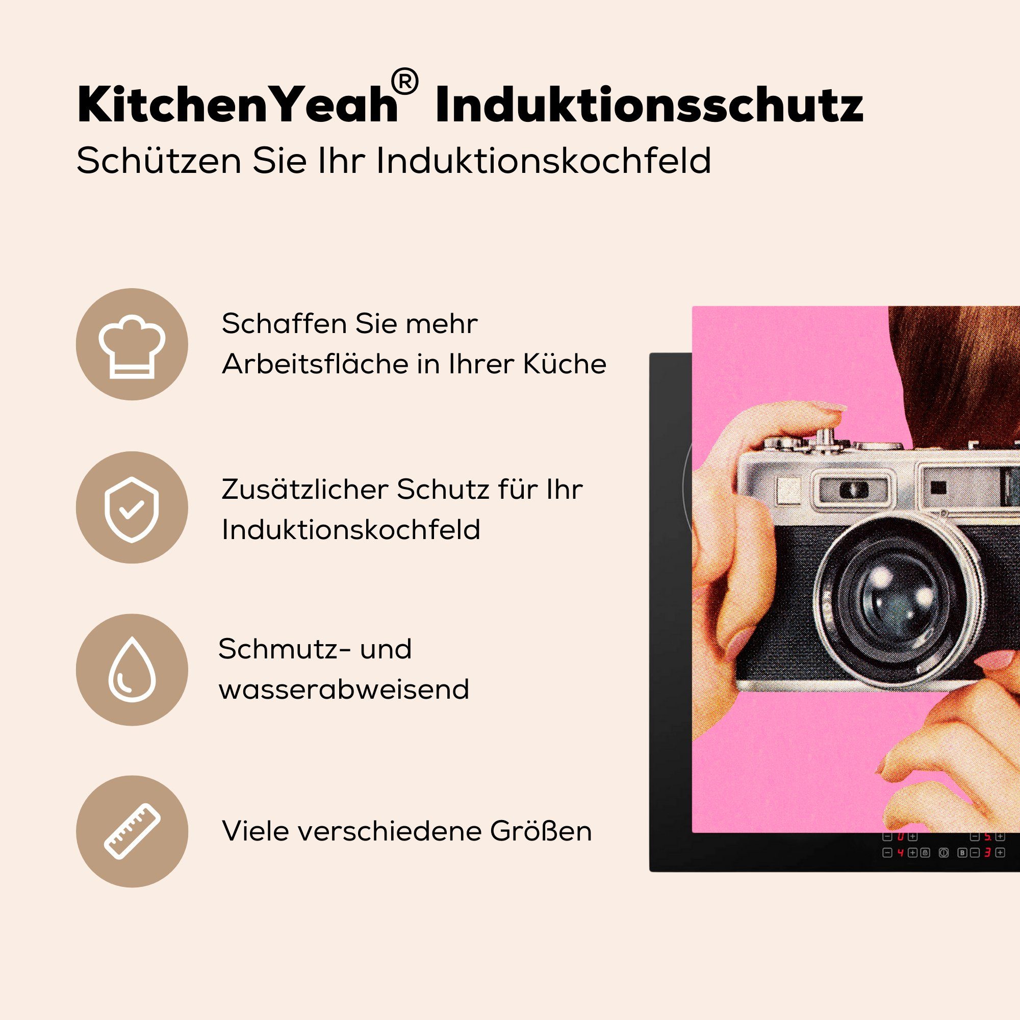 Vintage die für cm, Herdblende-/Abdeckplatte Frau, tlg), 59x52 Vinyl, (1 Ceranfeldabdeckung - Induktionsmatte küche, MuchoWow - Kamera