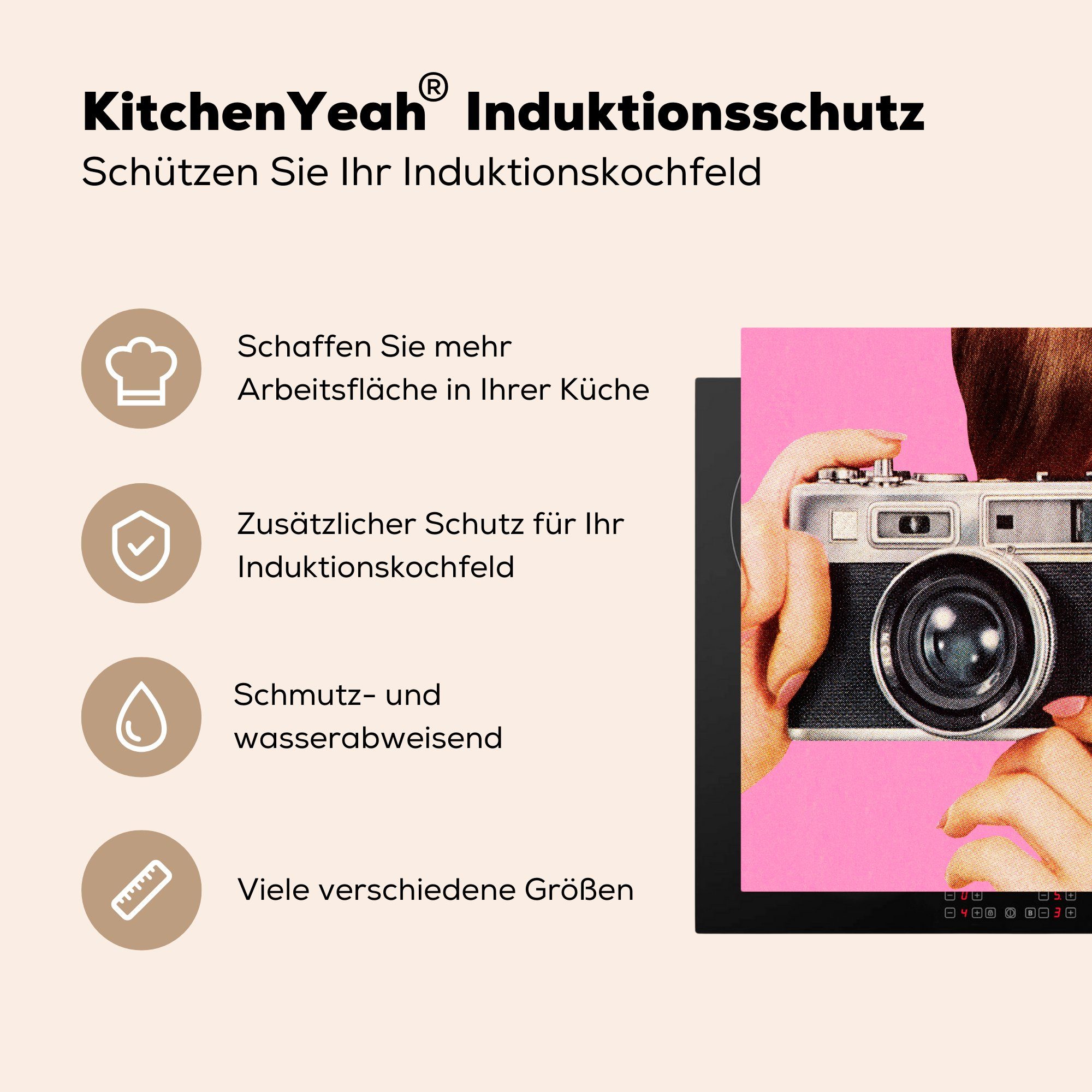 Vinyl, Vintage cm, MuchoWow (1 Herdblende-/Abdeckplatte Ceranfeldabdeckung Induktionsmatte die Frau, - küche, für - tlg), 59x52 Kamera