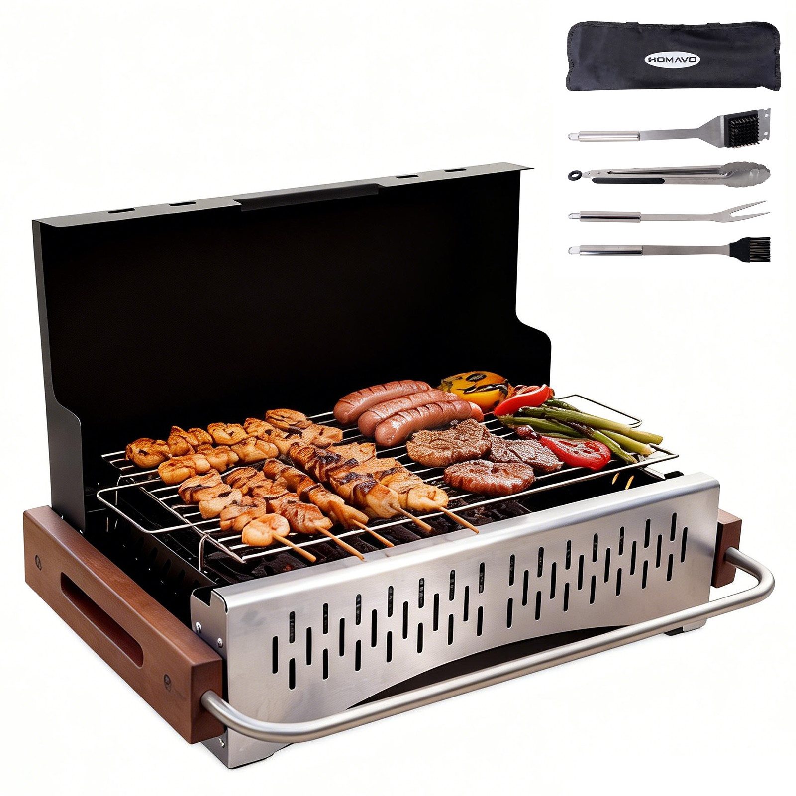 HOMAVO Holzkohlegrill Camping, tragbar & klappbar, Grillfläche: 38,15 × 20,95 cm, Optionales Grillwerkzeugset, für Camping, Picknick und Garten