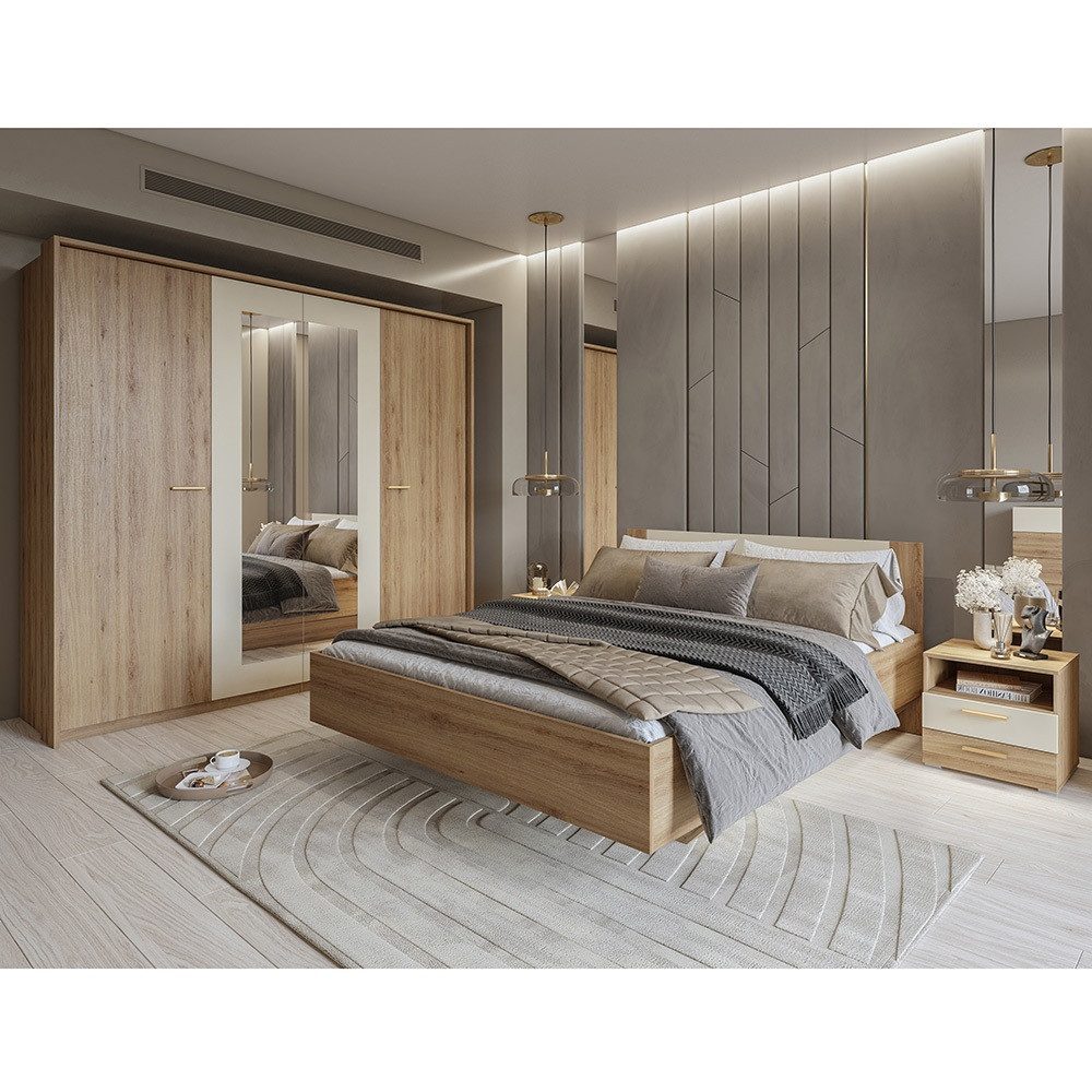 Lomadox Schlafzimmer-Set VARESE-83, (Spar-Set, 4-tlg., Bettgestell klappbarer Lattenrost Kleiderschrank Nachtschränke), Eiche mit beige inkl. Bettkasten 180x200cm Liegefläche