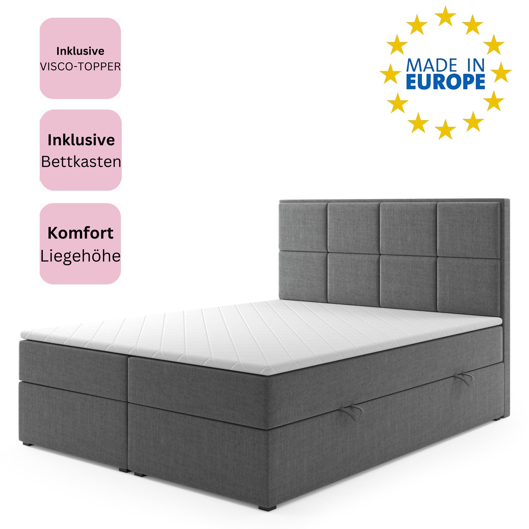 M-Punkt24 Boxspringbett Neapel (180 x 200 cm, Grau), inkl. Visco-Schaum-Topper, Federkern-Matratze, inkl. Bettkasten