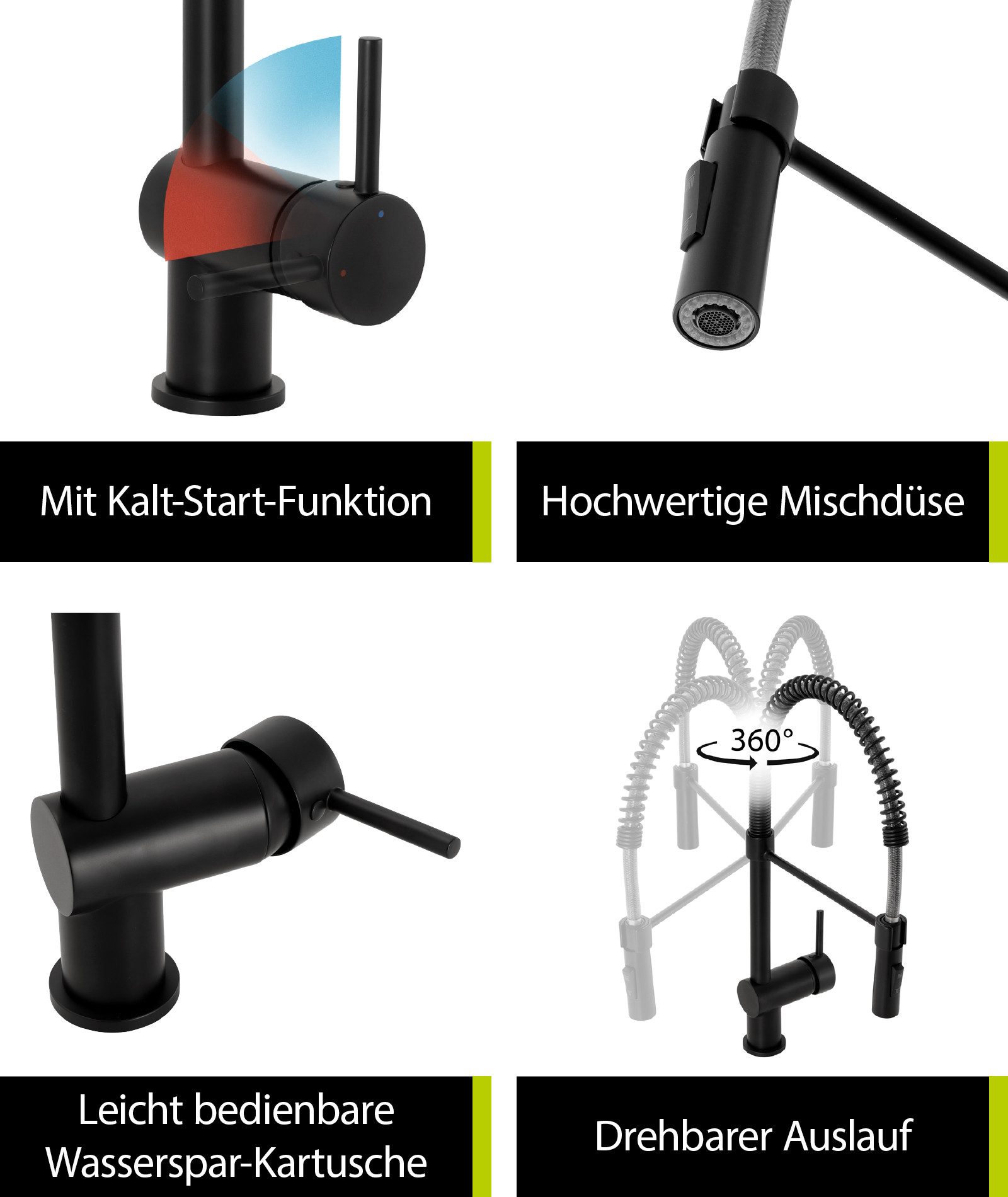 aquaSu Spültischarmatur Fresh Federbrause, Schwarz, Flexibel, C-Form, Kaltwassermittelstellung