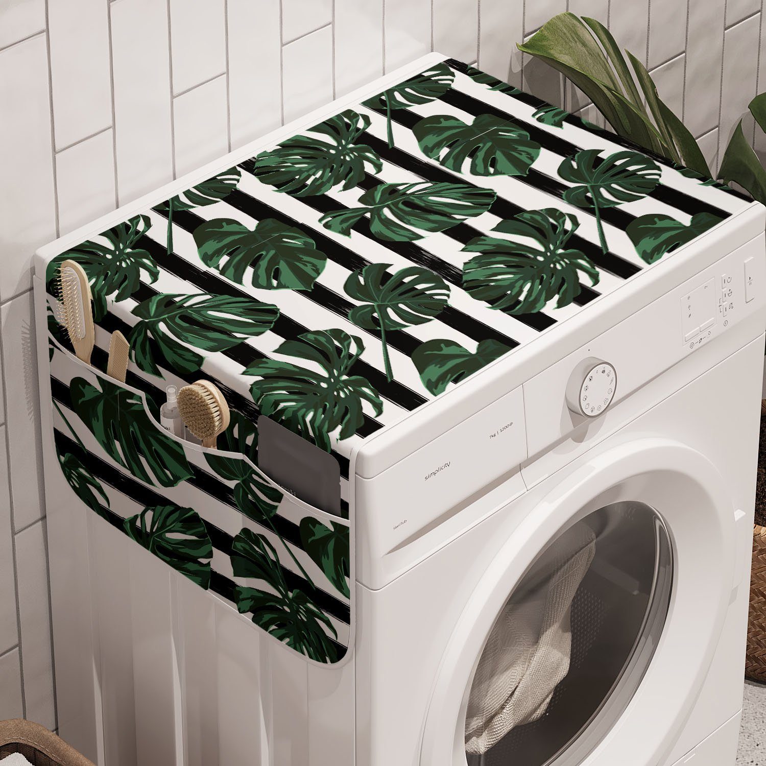 Abakuhaus Badorganizer für Waschmaschine Anti-Rutsch-Stoffabdeckung Monstera Dschungel-Laub Streifen und Trockner, auf