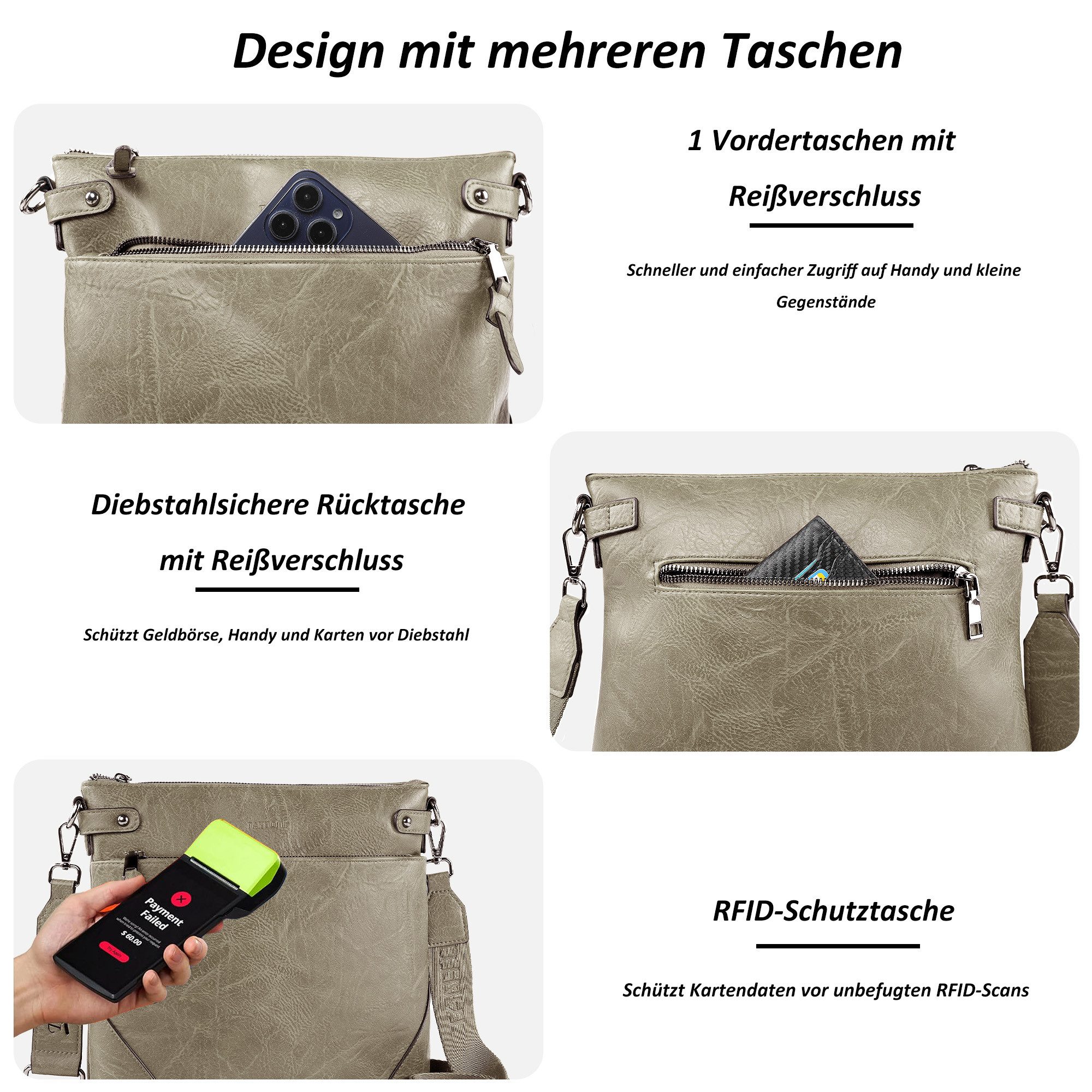 TANTOMI Umhängetasche Damen Schultertasche Mittelgroß mit Vielen Fächern Freizeit leicht, Damen Handtasche Henkeltasche Schultertasche Crossbody Bag – Bild 5 von 5