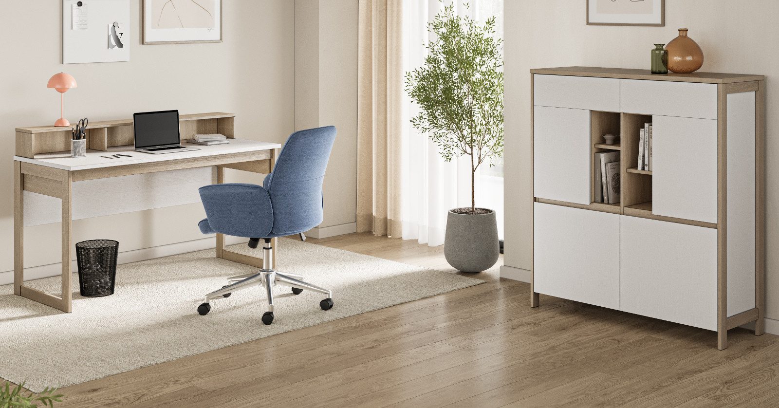 Furn.Design Büromöbel-Set Finnes, (Arbeitszimmer Set in Eiche weiß und Eiche natur, 2-tlg., Schreibtisch und hohe Kommode), mit viel Stauraum und Soft-Close-Türen