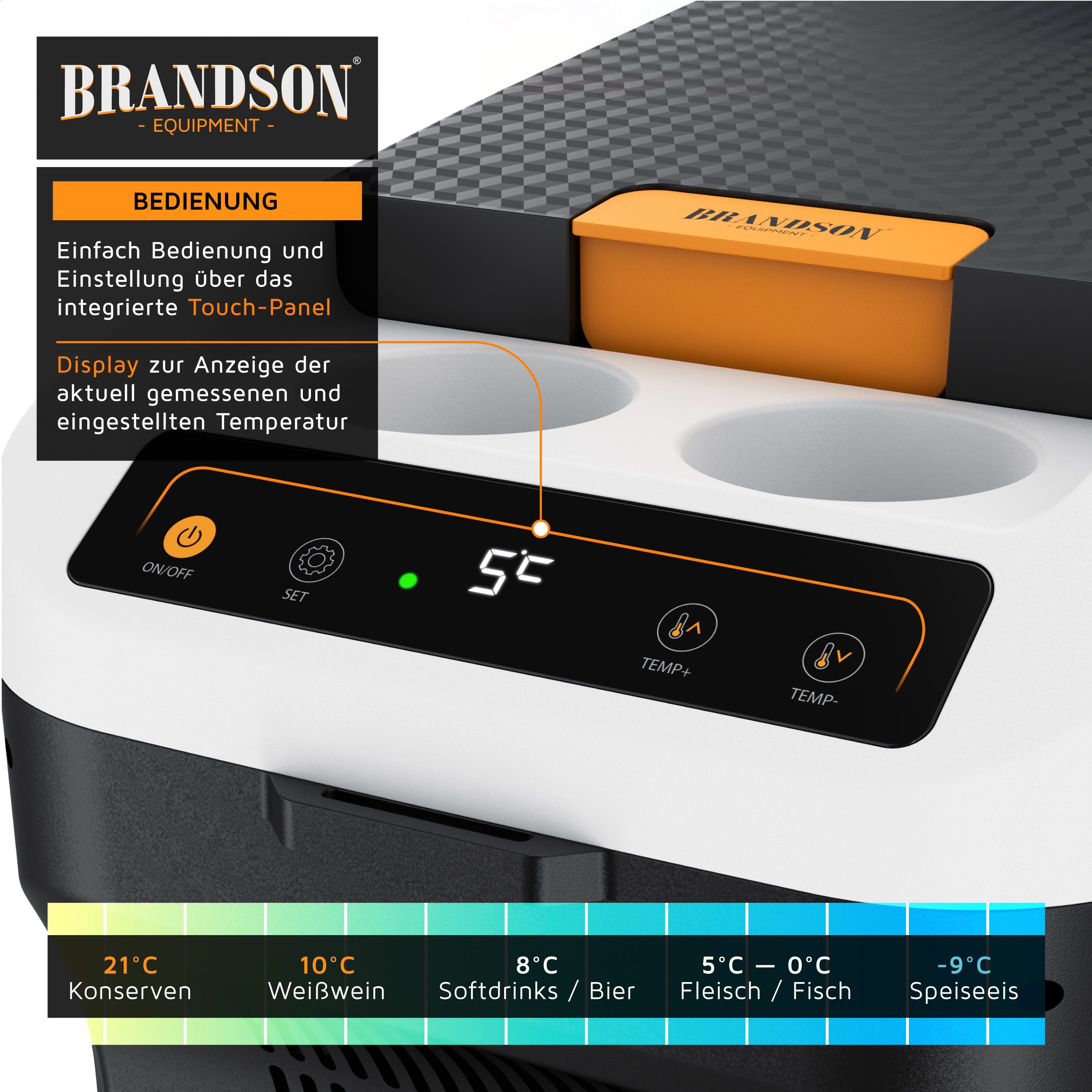 Brandson Elektrische Kühlbox 20 L, Kühlt & hält Warm, von max. -9 bis +65°C, für Mittelkonsole, 20 l, 230 V Netzspannung und 12 V KFZ Auto Bordspannung, mit Getränkehalter