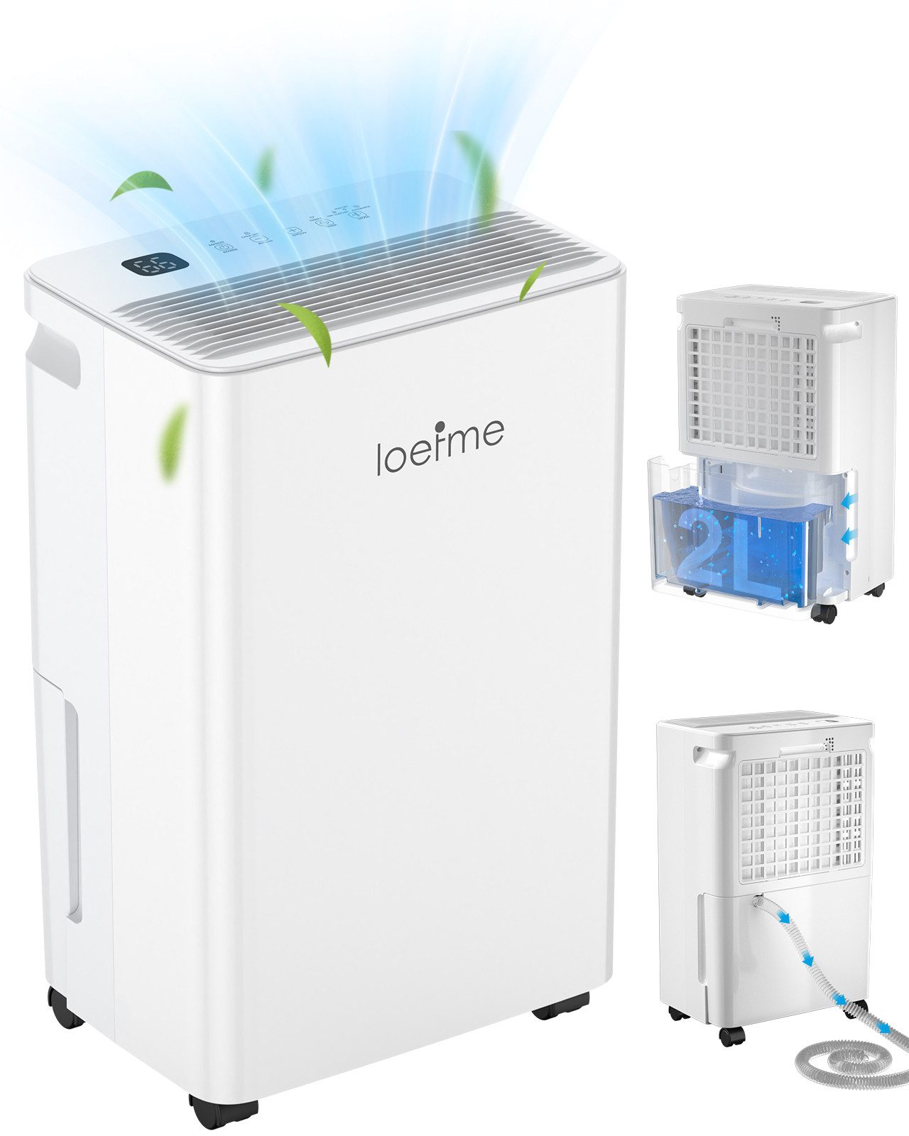 loefme Luftentfeuchter Elektrisch 12L/Tag für 125 m³ (40m) Räume, Luftentfeuchter Kompressor, Entfeuchtung 12,00 l/Tag, Tank 2,00 l, Smart Dehumidifier mit Ablaufschlauch, Filter, Timer