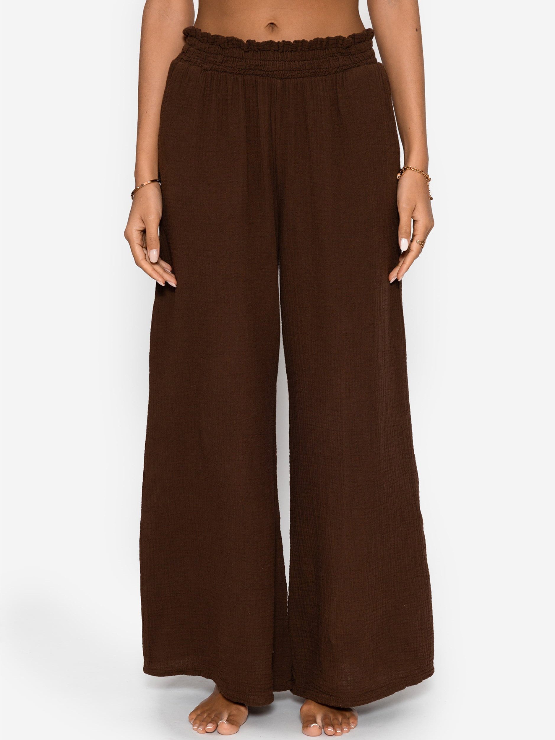 SASSYCLASSY Stoffhose Musselin Hose mit weitem Bein für Damen Leichte Stoffhose mit seitlichen Taschen im lockerem Fit