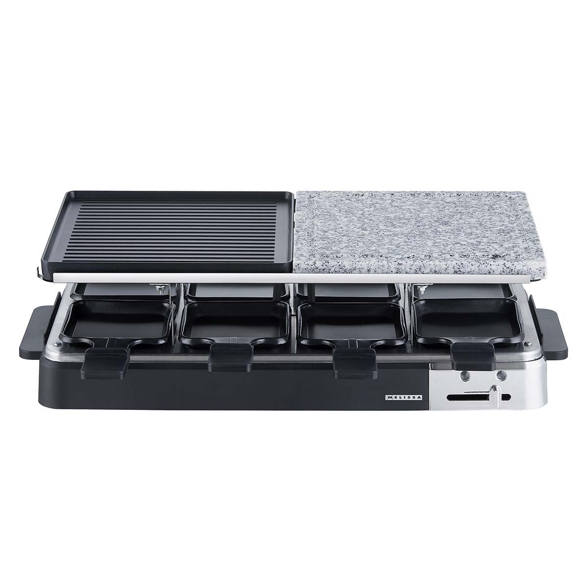 MELISSA Raclette 16300027, 8 Raclettepfännchen, Raclette Grill f. 8 Pers., 1300W, Stein-/Grillplatte, Antihaft-Pfannen