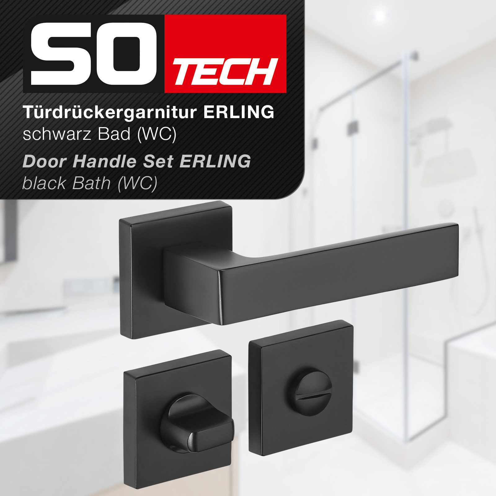 SO-TECH® Drückergarnitur Türdrücker ERLING Aluguss schwarz inkl. Befestigungsmaterial, Spar-Set, 1-tlg., mit Papier-Bohrschablone, mit WC-Rosetten - für Bad / W – Bild 2 von 5