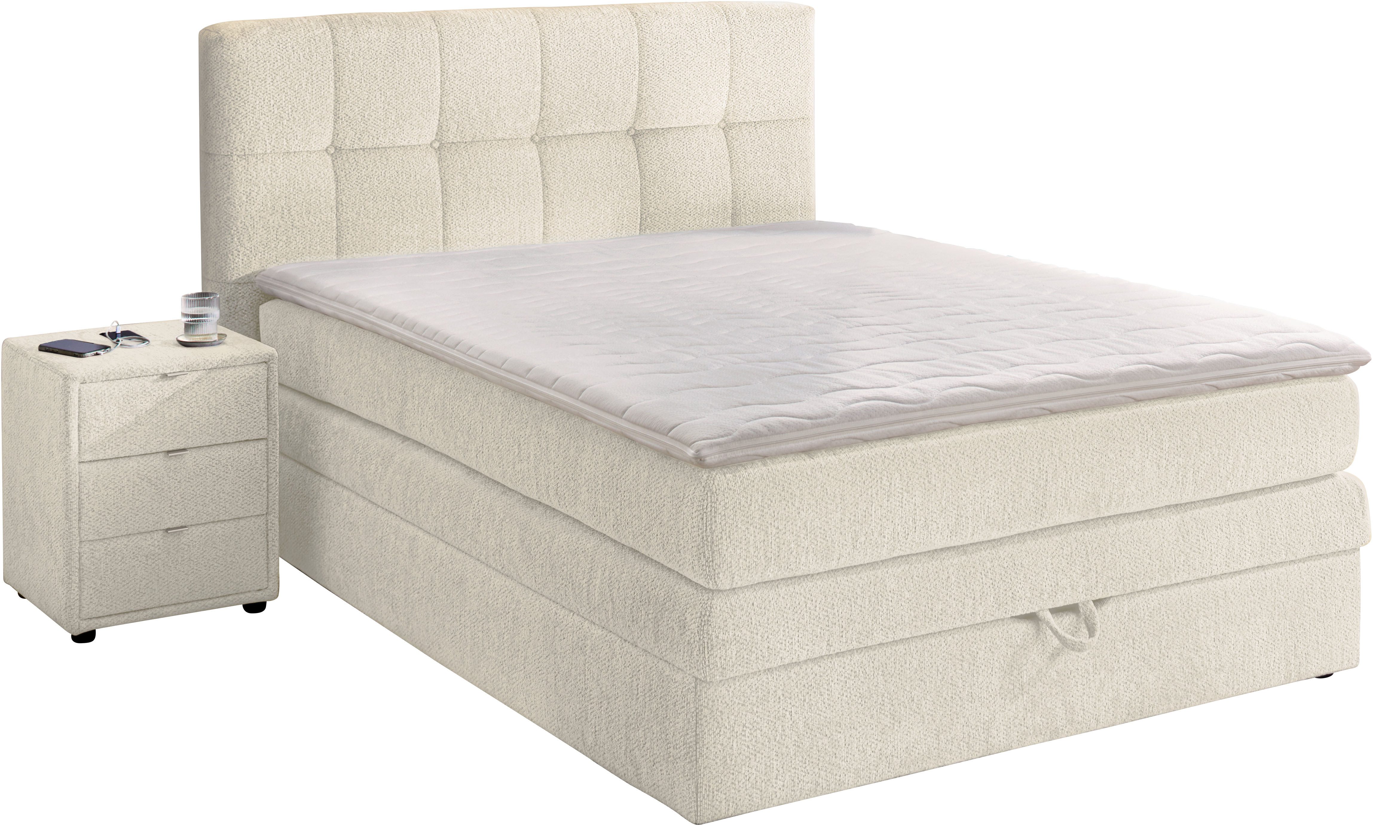 Jockenhöfer Gruppe Boxspringbett AMY in Chenille, erhältlich in den Breiten 120cm & 140cm, mit Bettkasten und Topper
