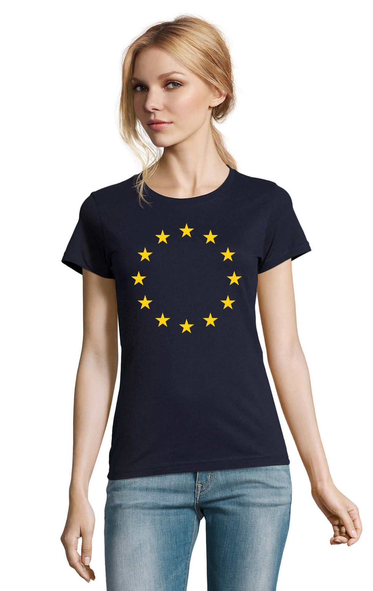 Blondie & Brownie T-Shirt EUSterne Damen Europa Sterne Print Rundhals Baumwollshirt (Einzelstück, Einzelartikel) EUSterne D Tee Europa Symbol Damenshirt