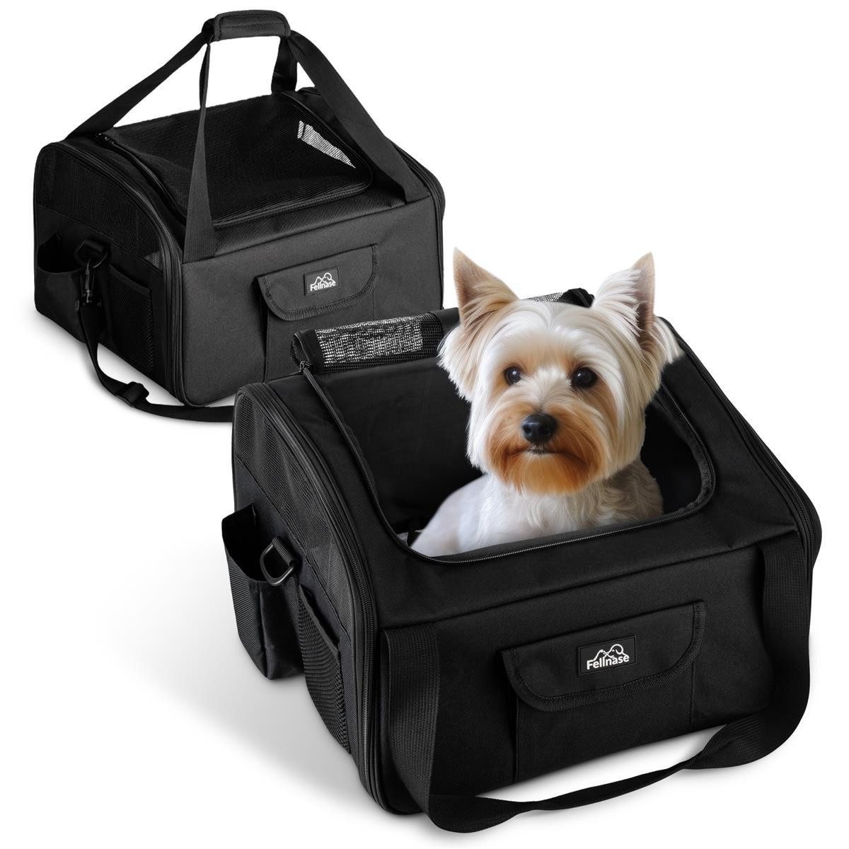 Fellnase Tiertransporttasche Hundebox Transporttasche Transportbox Katzen Hund Flugzeug klein, Hunde Transportbox Tasche + Staufach 40 x 34 x 25 cm