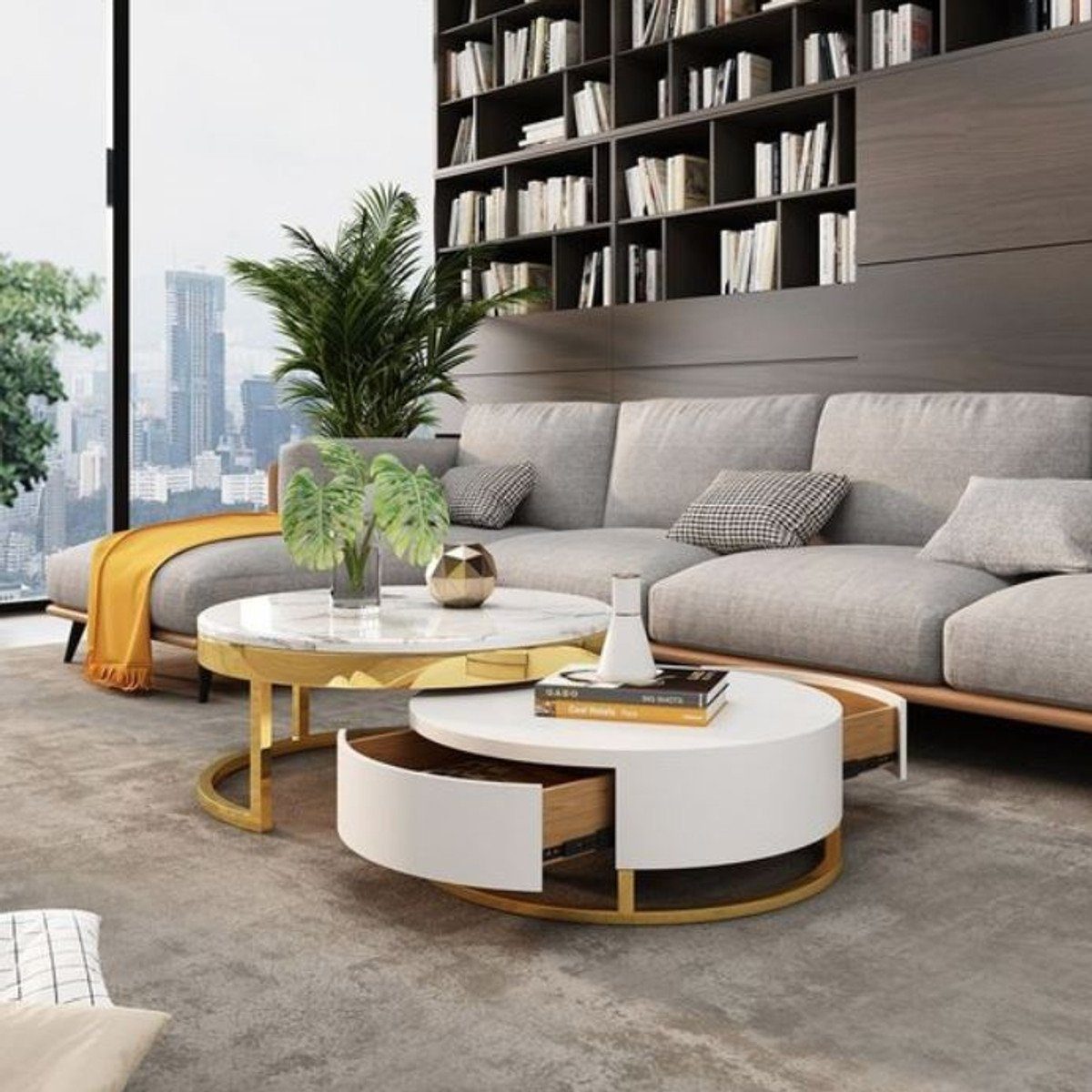 Couchtisch Luxus Couchtisch Set Weiß / Gold - 2 runde Wohnzimmertische - Möbel - Luxus Qualität