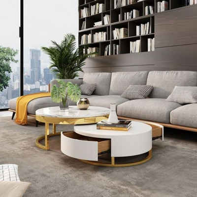 Casa Padrino Couchtisch Luxus Couchtisch Set Weiß / Gold - 2 runde Wohnzimmertische - Möbel - Luxus Qualität