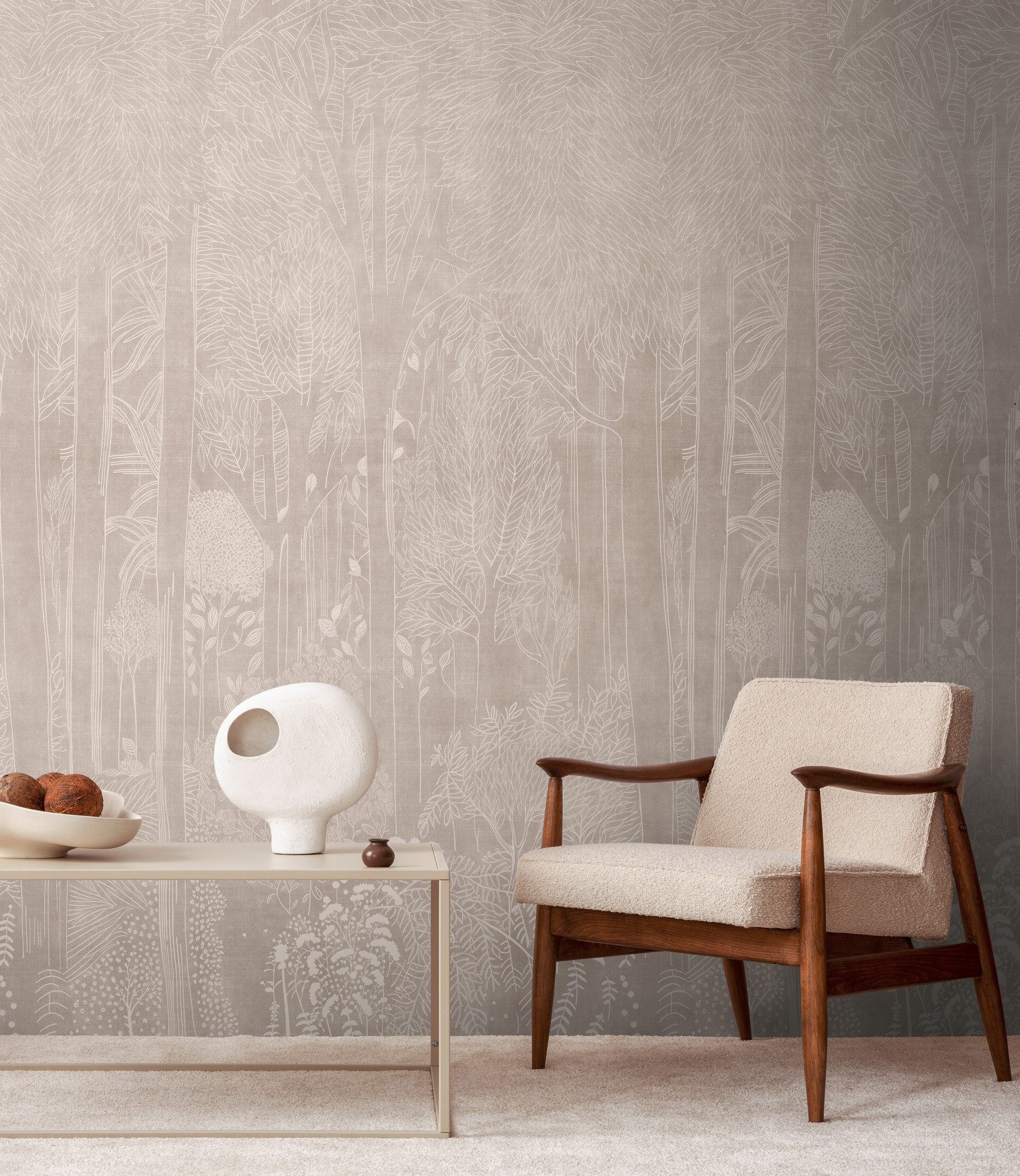 living walls Vliestapete Vibes & Styles Elara – Silent Forest Fototapete, leicht strukturiert, Kunst, (1 St), Zarte Waldszene mit filigranen Details und sanfter, eleganter Tiefe