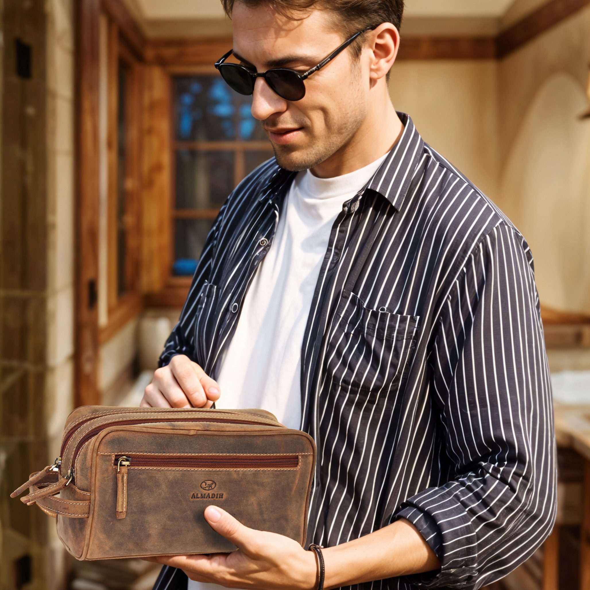ALMADIH Kulturbeutel Leder Kulturtasche groß für günstig online kaufen