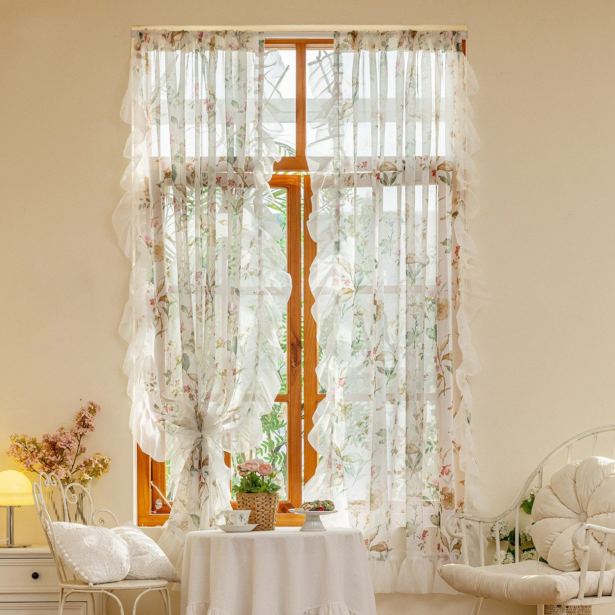 Diwzbyn Vorhang Kamelien-Blumenmuster-Vorhänge, Transparente Gardine mit Rüschenvolant, Boho-Vorhänge für Wohnzimmer und Schlafzimmer – Bild 3 von 5