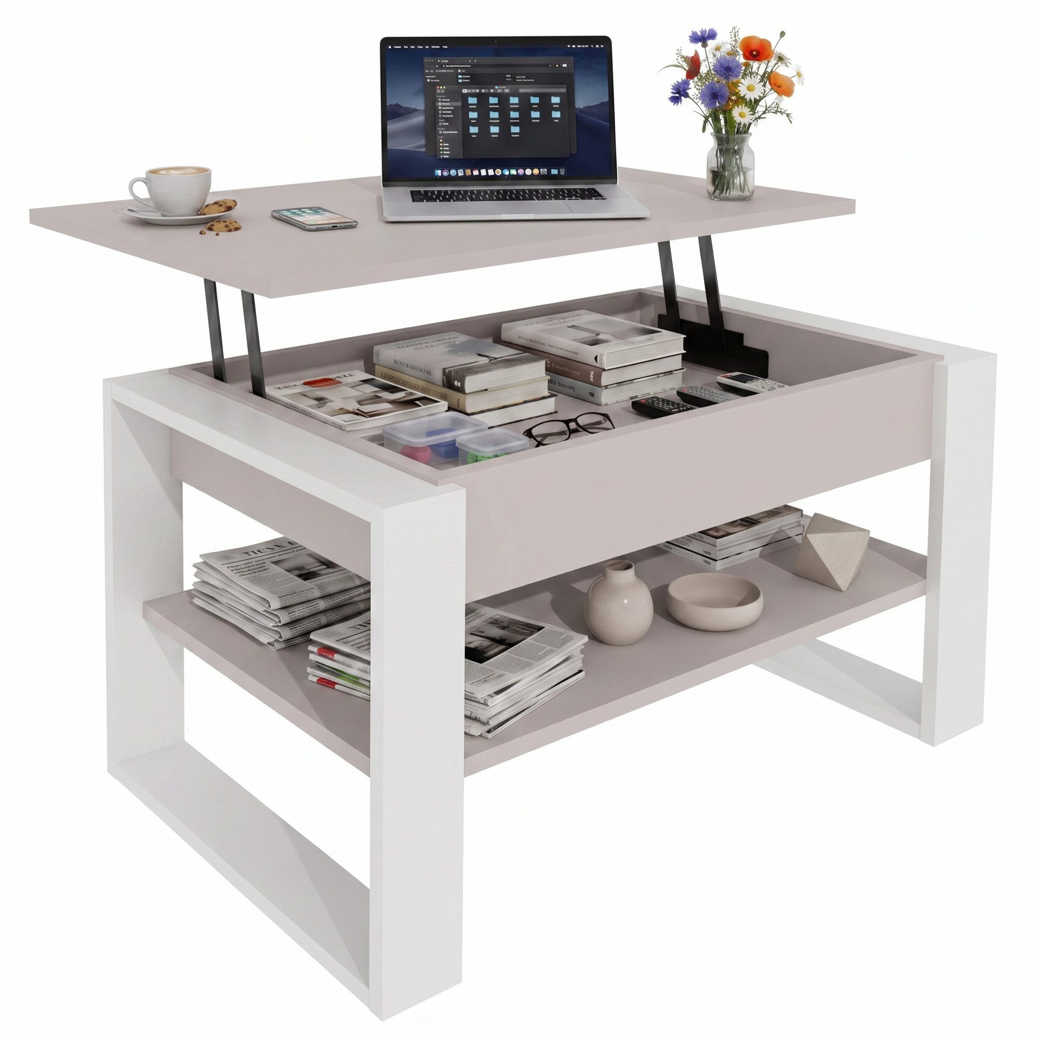 TREND WERK Couchtisch Lift-Couchtisch höhenverstellbar Sofatisch 92×55 cm mit Stauraum (verstecktem Fach Wohnzimmertisch Holz modern)