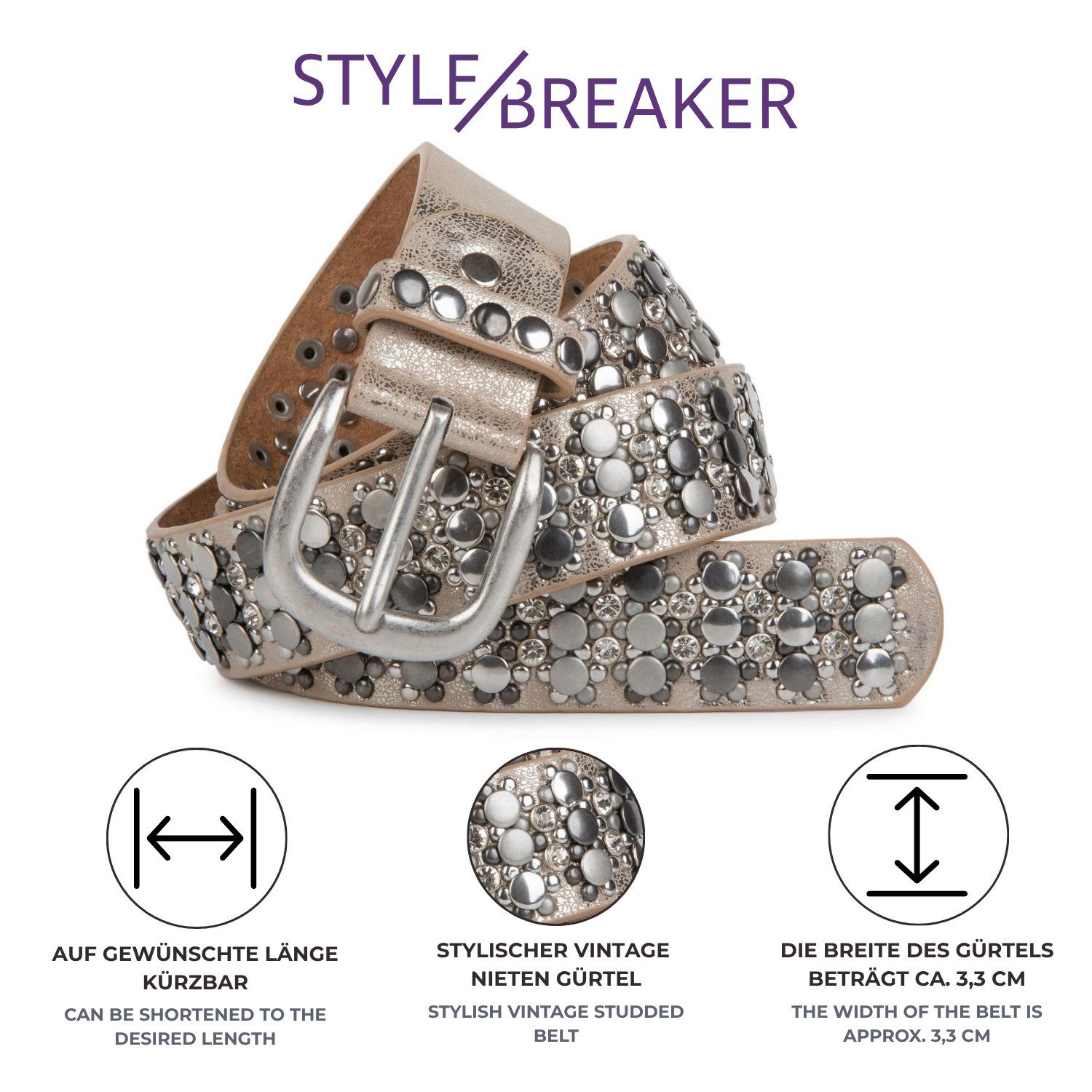 styleBREAKER Nietengürtel Gürtel mit verschiedenen Nieten und Strass (1-St) – Bild 3 von 5