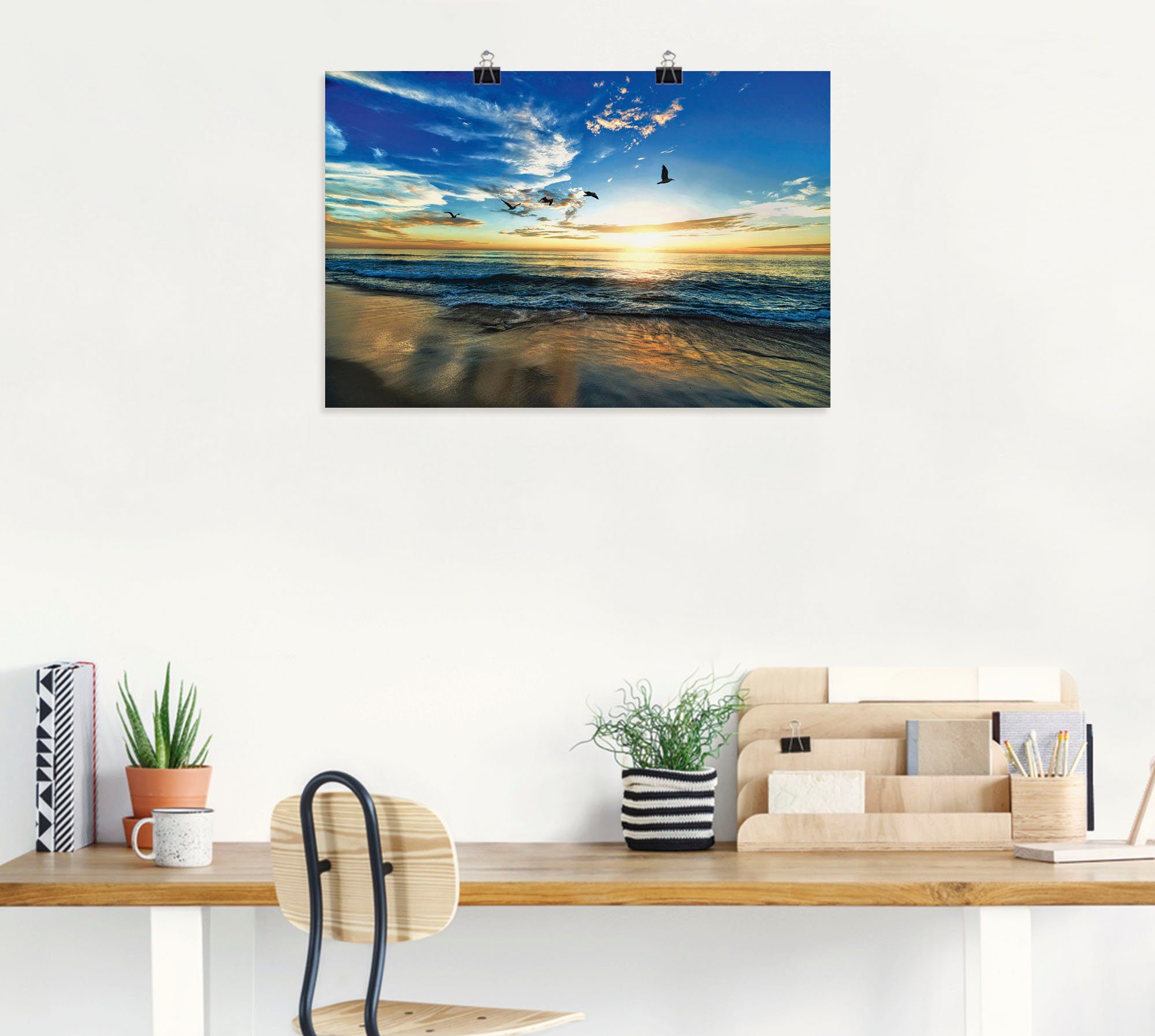 Meer versch. Größen Wandbild Leinwandbild, Sonnenaufgang als oder St), Strand Möwen & Poster -untergang Artland in Sonnenuntergang, Wandaufkleber (1 Alubild,