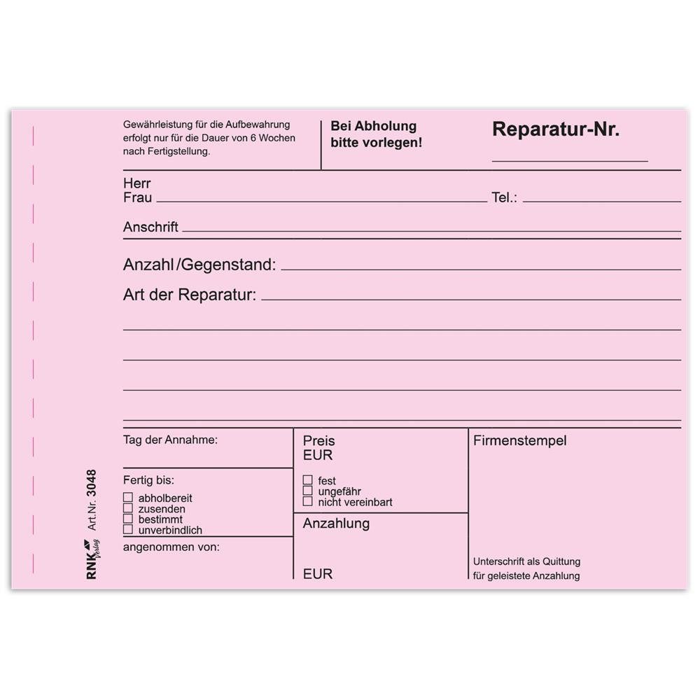 RNK Verlag Organisationsmappe Reparaturschein DIN A6, 3 x 40 Blatt, selbstdurchschreibend (Reparaturschein-Block, Rosa Kunde, Gelb Werkstatt, Weiß verbleibt im Block), Selbstdurchschreibend, 3-fach, perforiert, farbige Durchschläge