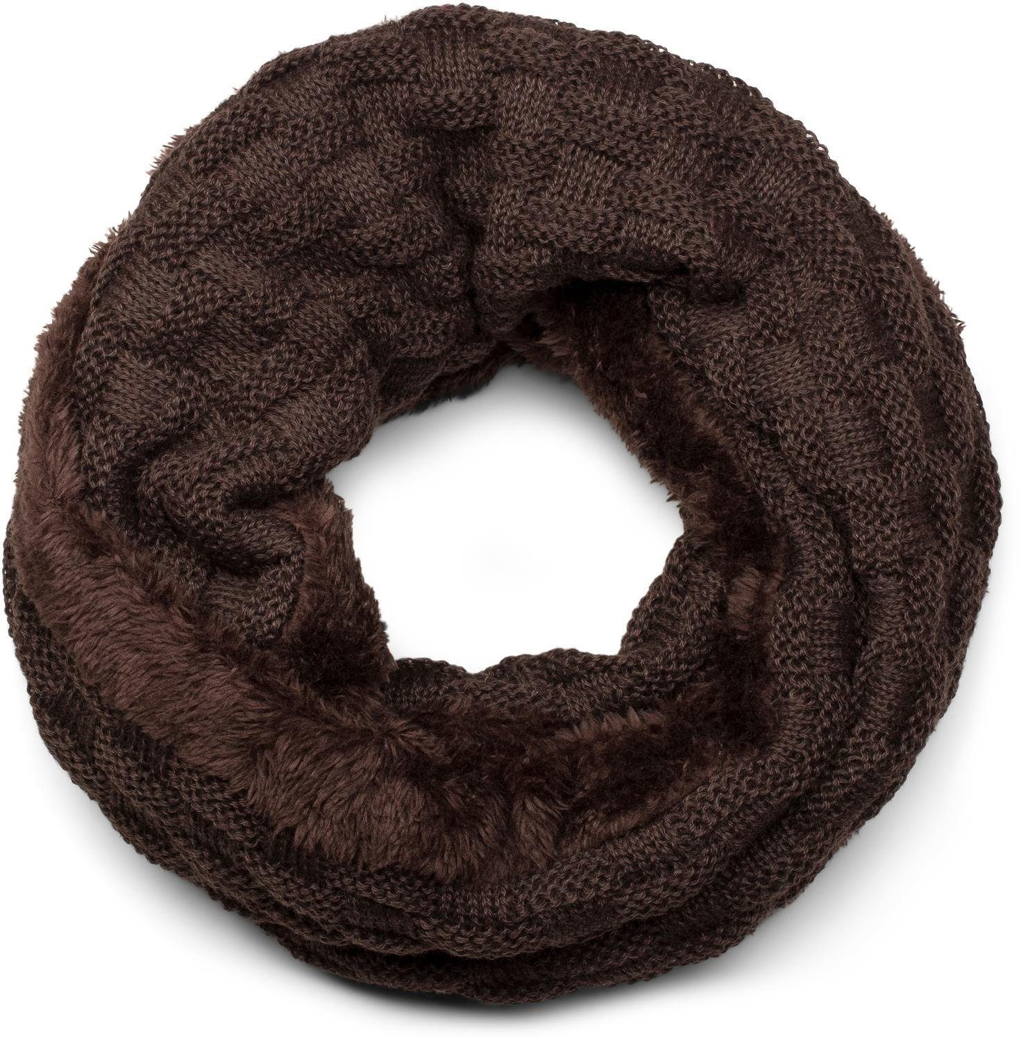 Strickschal Feinstrick Loop mit Flecht Muster und Teddyfleece