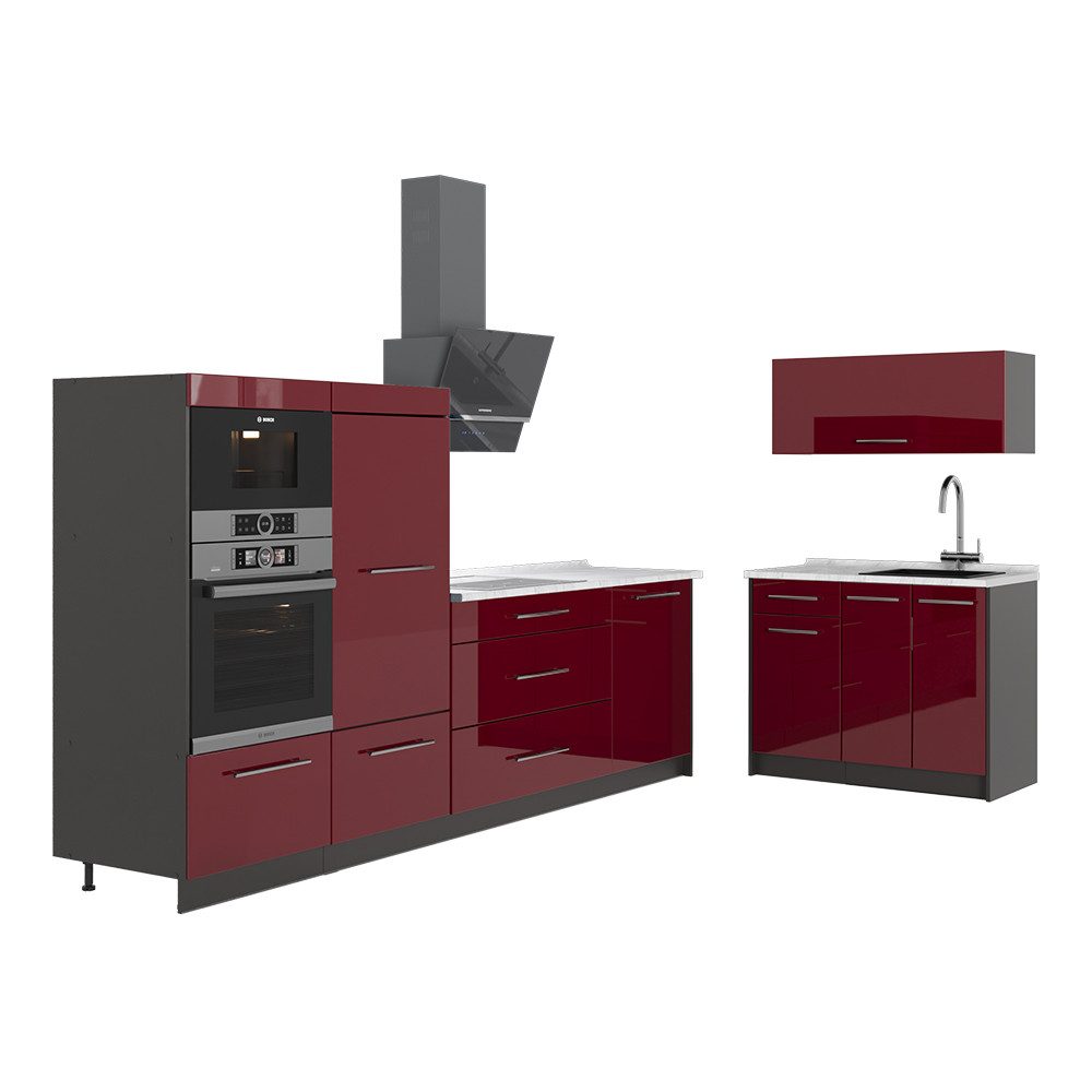 Vicco Küchenzeile Fame-Line, Bordeaux Hochglanz/Anthrazit, 380 cm, AP Marmor