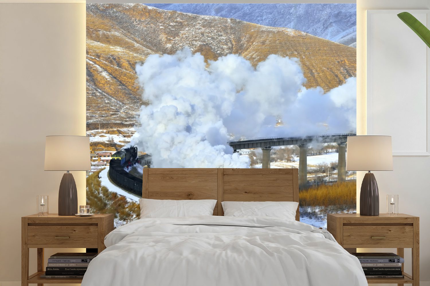 MuchoWow Fototapete Dampflokomotive in einer verschneiten Landschaft, Matt, bedruckt, (5 St), Vinyl Tapete für Wohnzimmer oder Schlafzimmer, Wandtapete | Fototapeten